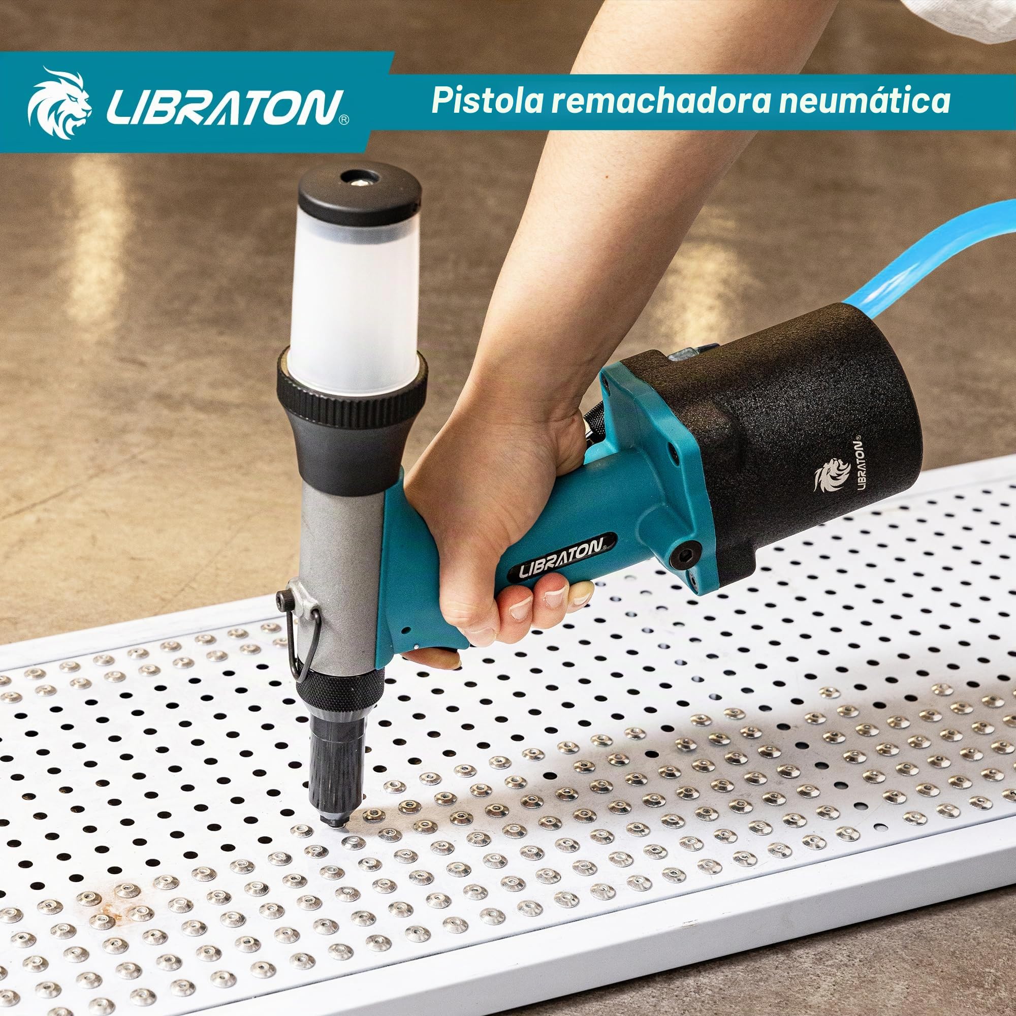 LIBRATON Remachadora Neumatica, Pistola Remachadora de Aire Hidraulica de Alta Resistencia de 2.4mm, 3.2mm, 4.0mm, 4.8mm con 200 Remaches, Diseño de Autosucción para Reparación Automotriz