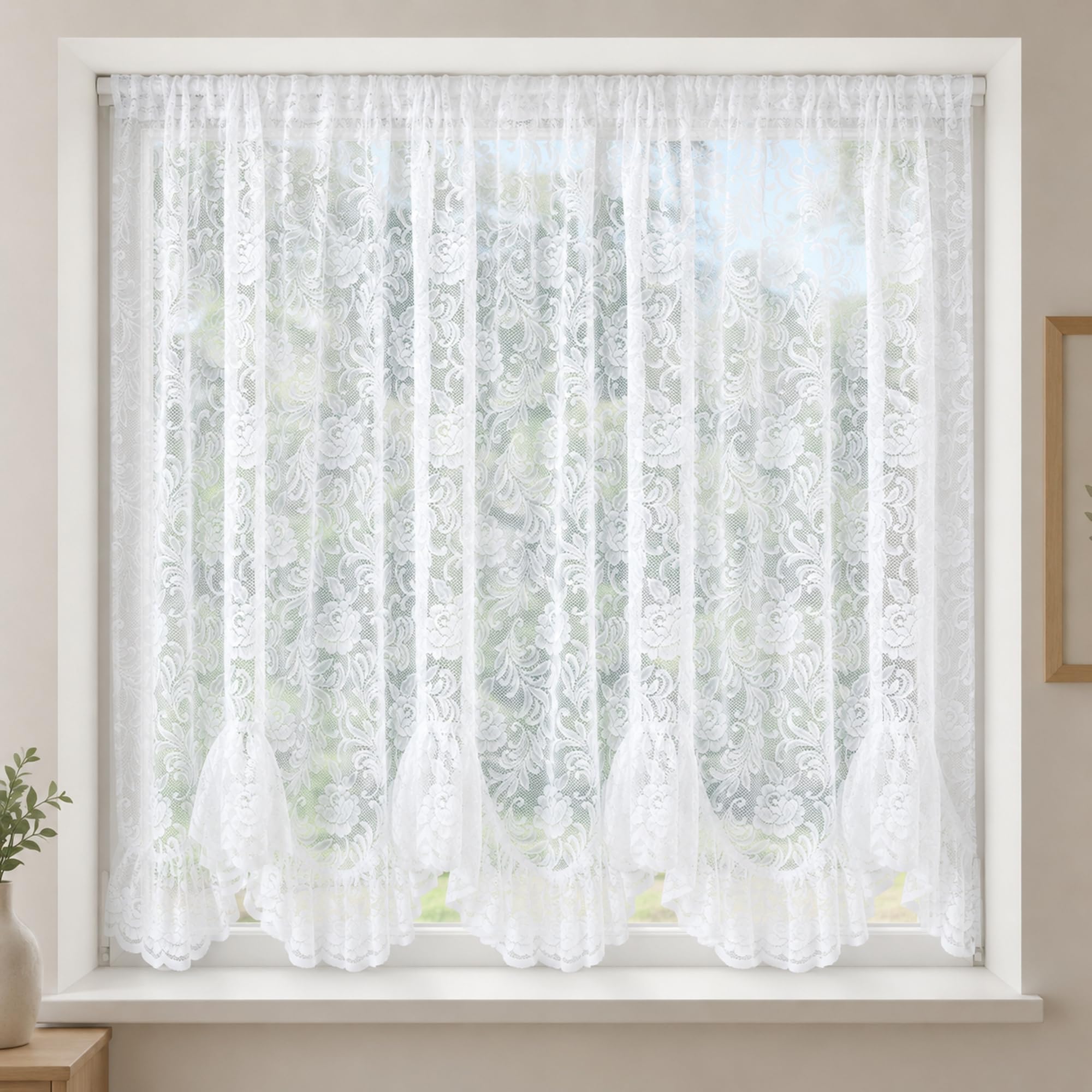 3.5 Metres Wide x 54" (137cm) Drop - Rosebury White Rose Lace Flounce Net Curtain - Slot Top Window Panel - Floral Vine Design - Scalloped Hem - Panel By The Metre