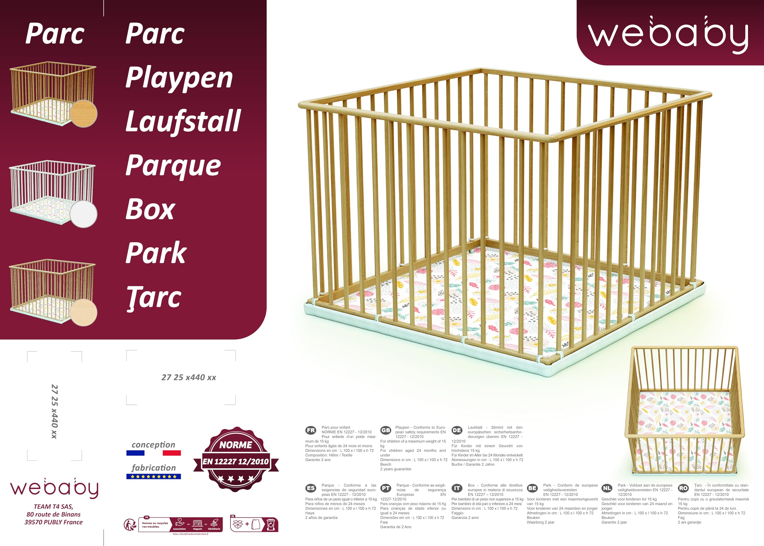 WEBABY - Parc bébé en bois 100 x 100 cm (Beige, 100x100)