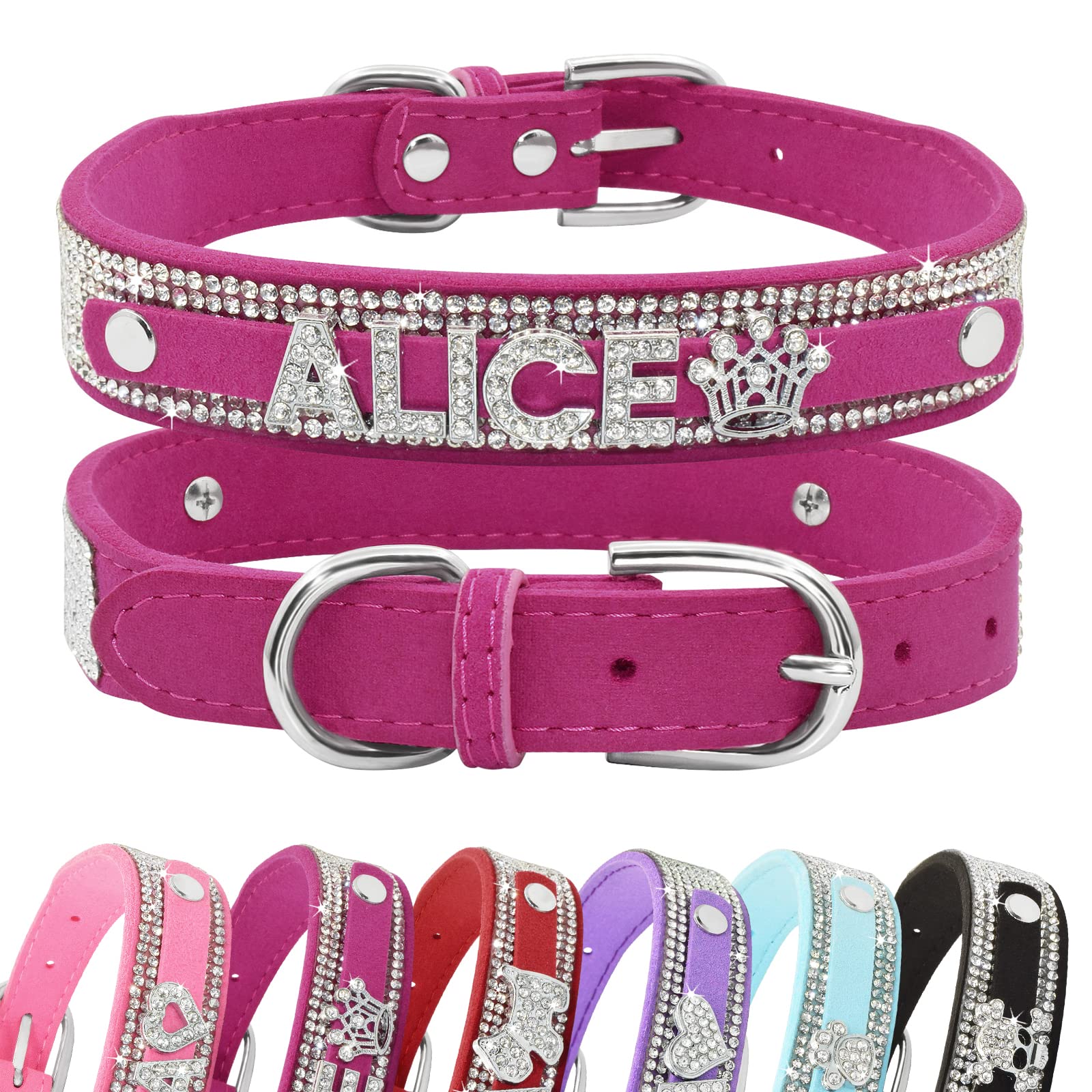 Senristar Personalised Bling Rhinestone Dog Collar with Name, Custom Glitter Crystal Diamond Dog Collar for Small Medium Large Dogs (M,Hot Pink) — image 1