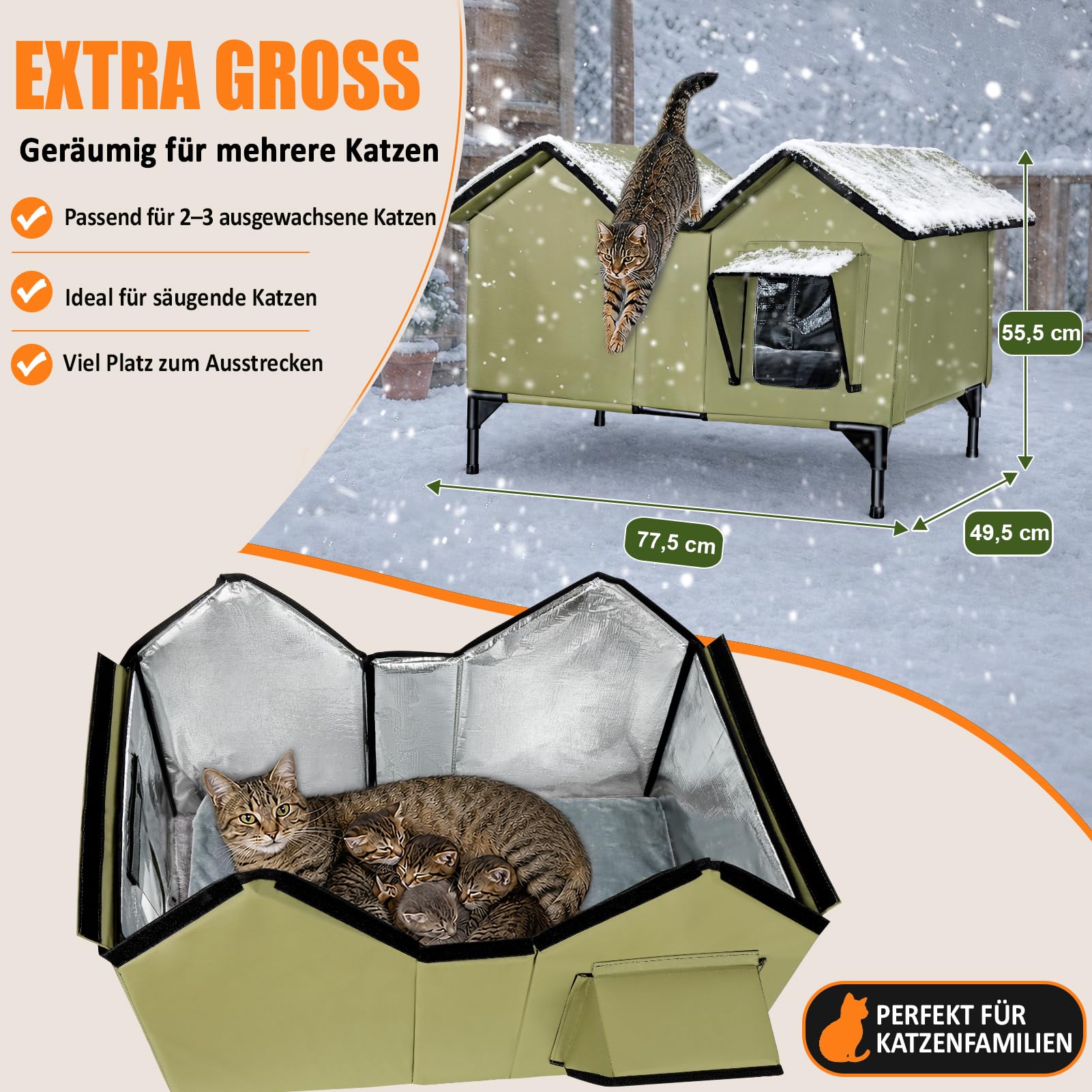 Casetta riscaldata per gatti per esterni, resistente all'inverno, extra grande, isolata, con cuscino riscaldante e porta di fuga, spaziosa cuccia per gatti e cani, rialzata e resistente alle