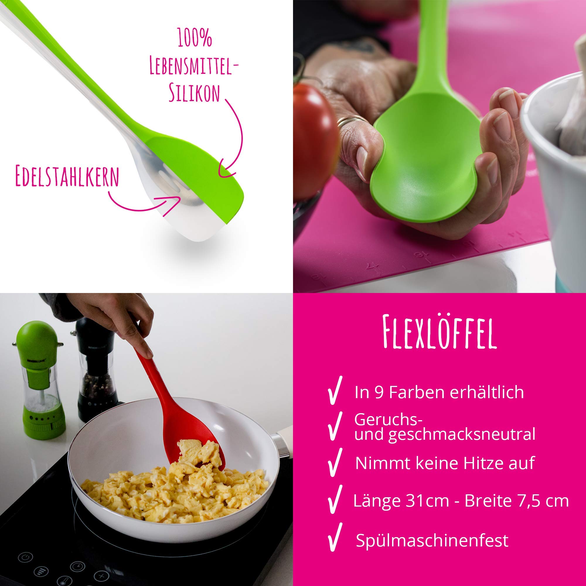 Kochblume Küchenhelfer-Set - Design-Schlitzwender L & Soßenlöffel L & Schöpfkelle L & Flexlöffel L 4er Set | Premium-Silikon | Hitzbeständig | Spülmaschinenfest | Farbe: rot