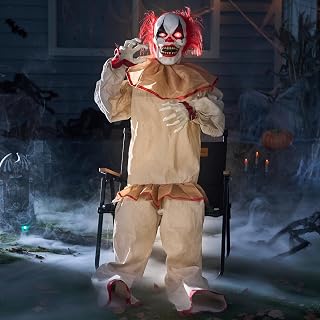 JOYIN 60” Halloween Animatronic Sitting Clown Decoration with Light-Up Eyes, Creepy Sound, Moving Arms & Head (Sound & Light Activated) Animated Decoration for Halloween Indoor Outdoor Decorations