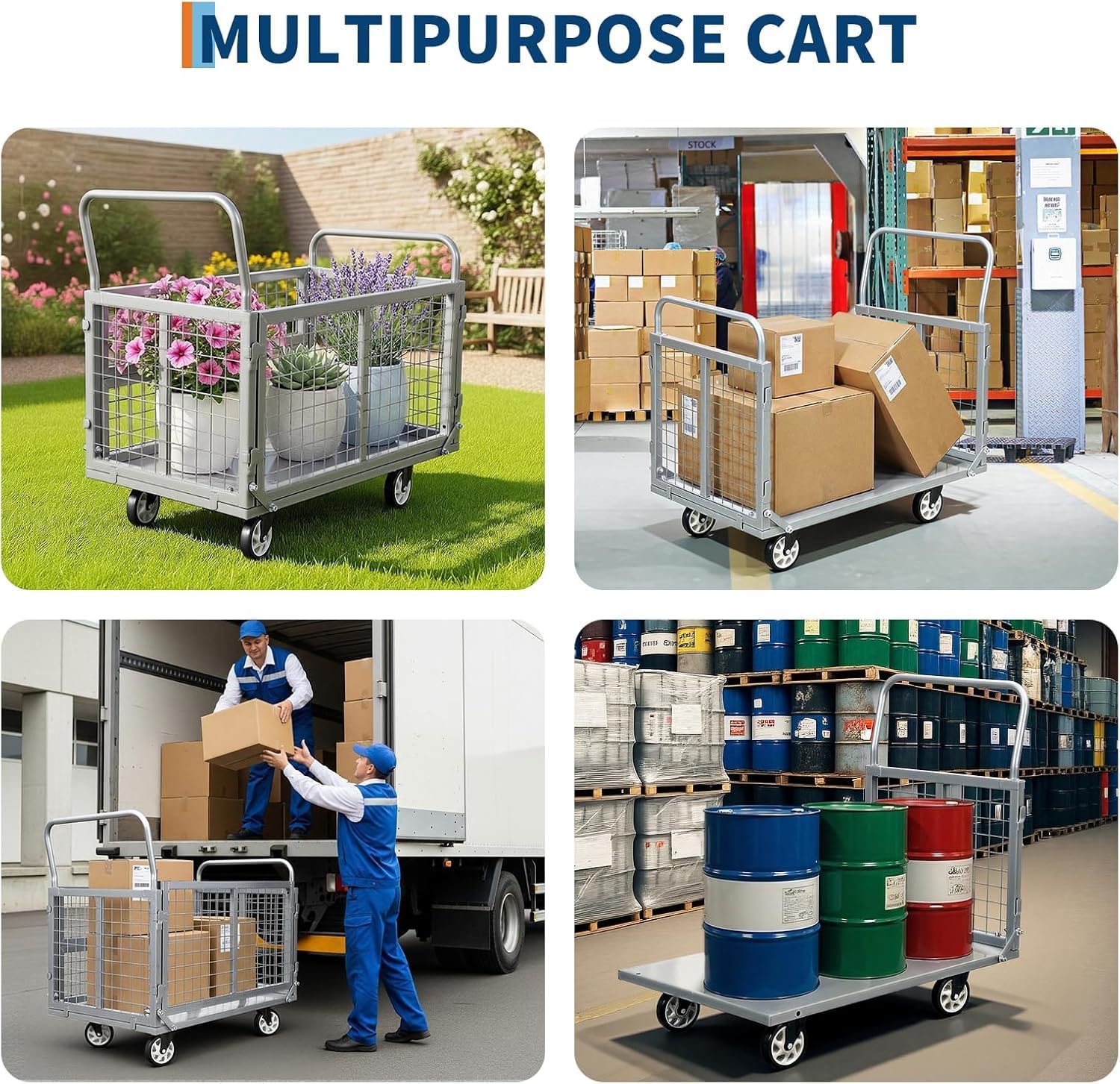 Four images showing the cart in various use scenarios: gardening, warehouse, loading a truck, and moving barrels