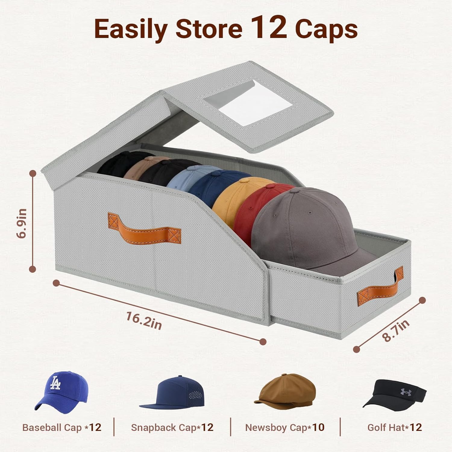 Stackable Hat Storage for Baseball Caps, Drawer & Flip-Top Access Hat Organizer with Clear Window, Space-Saving Hat Box with 2 Handles for Closet, Shelves (Light Grey, 4PCS)