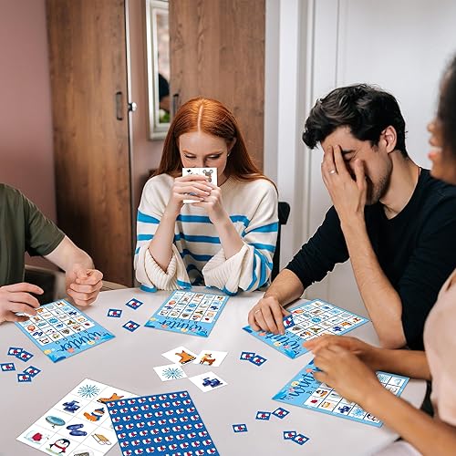 Miniatura 8 de HUQIL Juegos de fiesta de bingo de Navidad con 24 jugadores, tarjeta de juegos de fiesta de cumpleaños, tarjetas de bingo para actividades