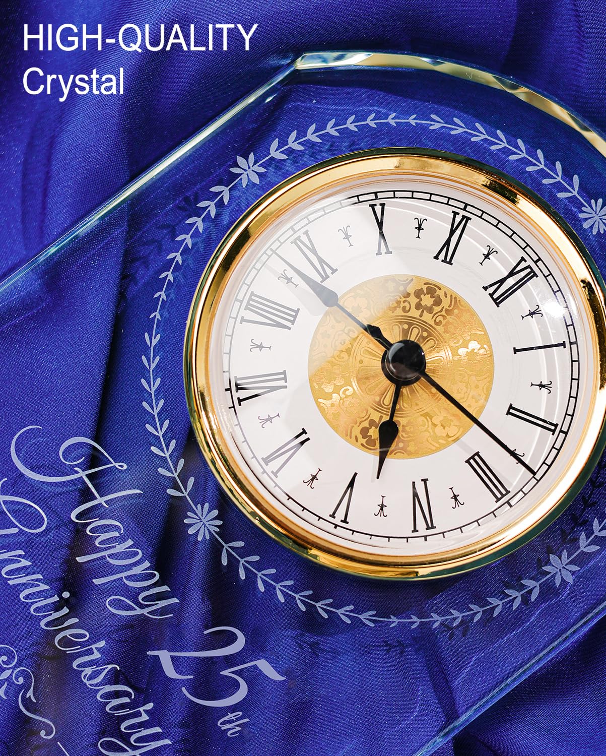 25th Wedding Anniversary Crystal Quartz Clock with Wooden Light Base,25 Years of Marriage Gift,Happy Silver Anniversary Decoration Gift,for Parents,Grandparents,Couple