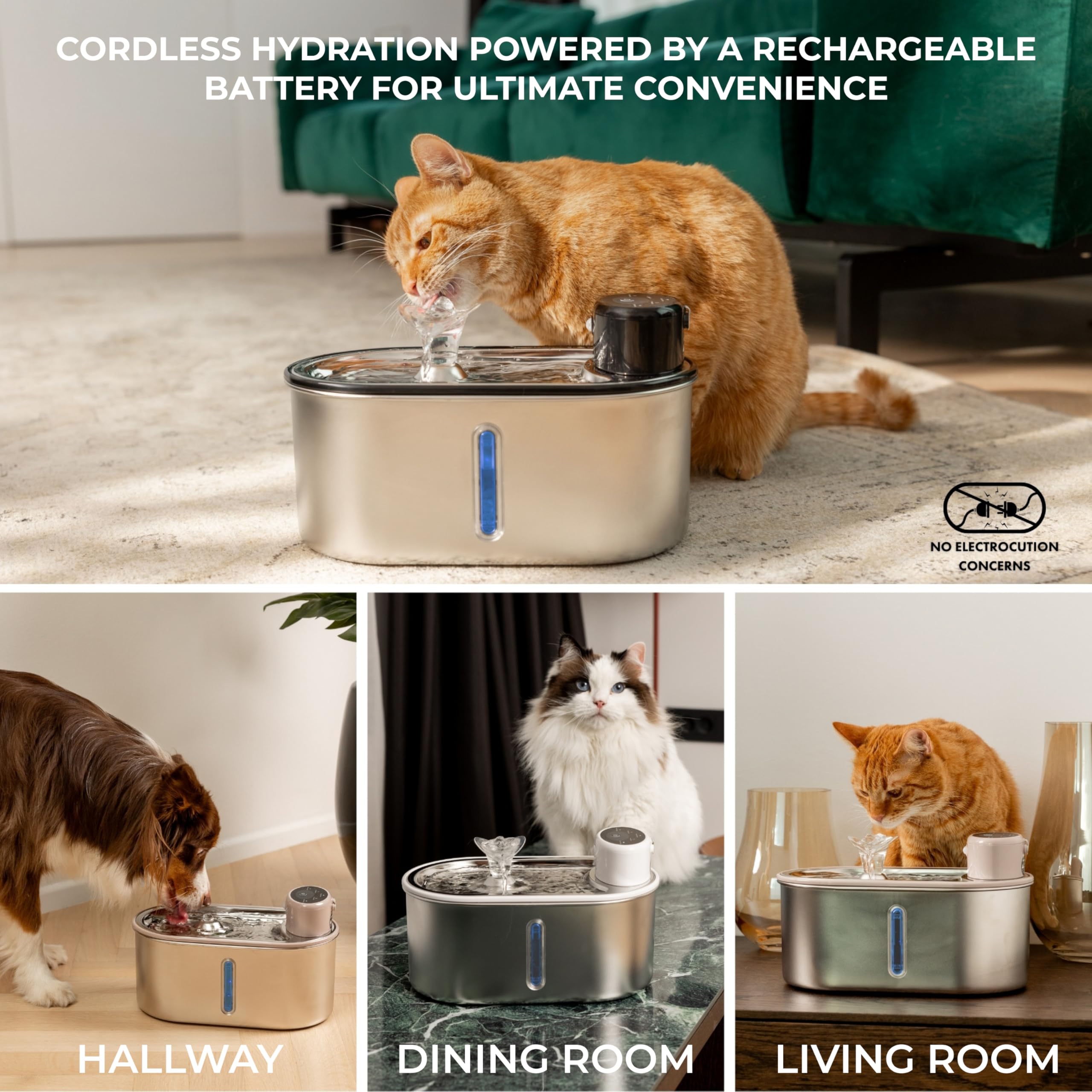 Wireless Cat Water Fountain Stainless Steel 108oz/3.2L, Cordless, Battery Operated Cat Fountain (Last up to 50 Days), Ultra Quiet, 2 Flow Modes, Multi-Filtration, BPA Free, Includes 2 Filters - White - image 2