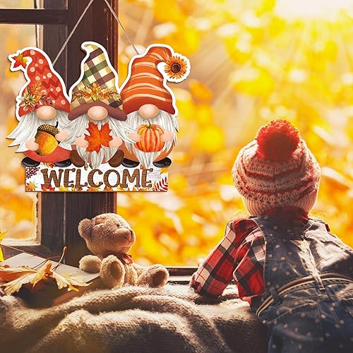Miniatura 6 de Whaline Letrero colgante de madera de otoño, gnomos, otoño, Acción de Gracias, letrero rústico de puerta de madera para cosecha de otoño, decoración