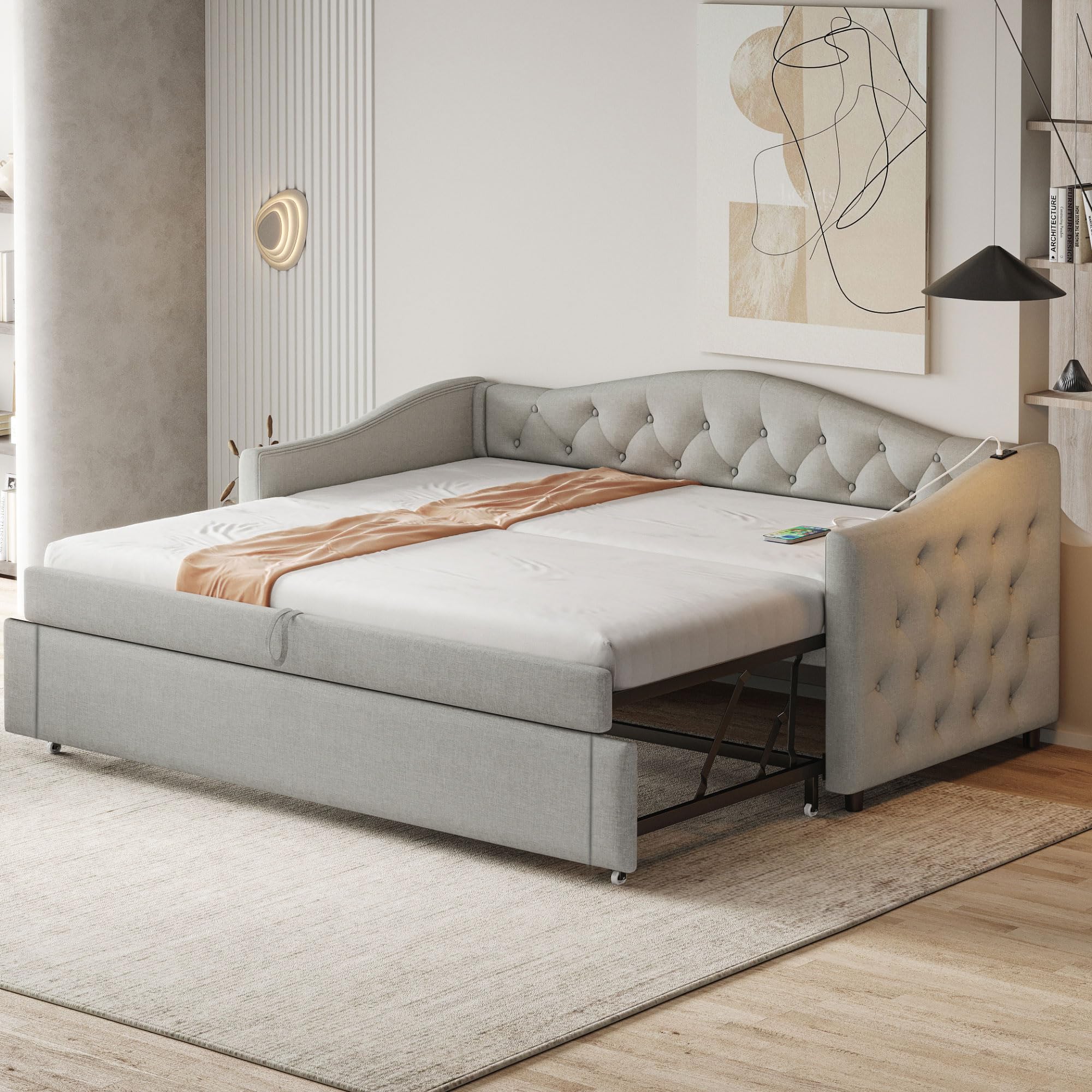 Ball  Cast Sofa Bed ⟮90/180 x 200 cm⟯ with USB Port and Soft Edge Protection, Classic Button Design, Easy and Time-Saving Mounting, Extendable, Linen Fabric, Grey