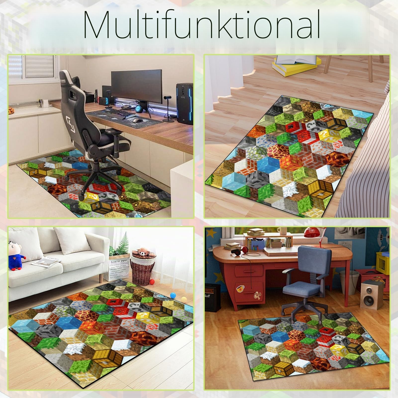 Block-Spiel-Teppich für Teenager, Jungen, Teppich mit Pixel-Spielelementen, Dekorationsmatte, Würfel-Block-Spielteppiche für Jungen-Schlafzimmer, Wohnzimmer, Spielzimmer, rutschfeste