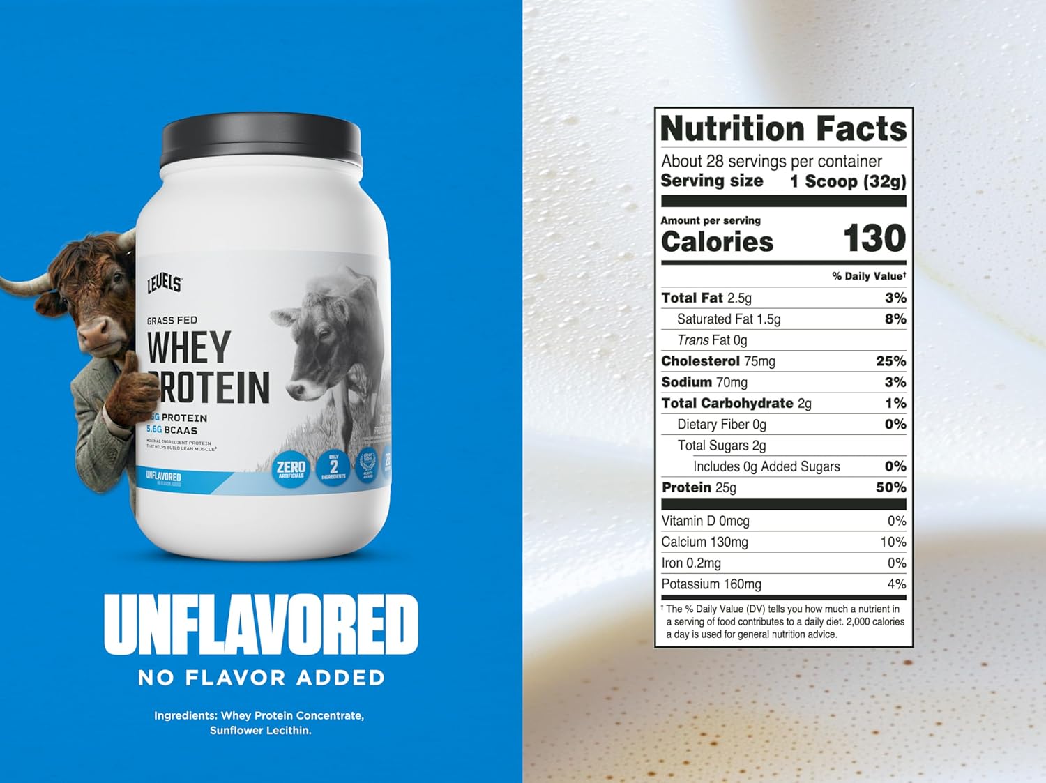 Levels Grass Fed Whey Protein Powder, No Artificials, 25G of Protein, Unflavored, 2LB