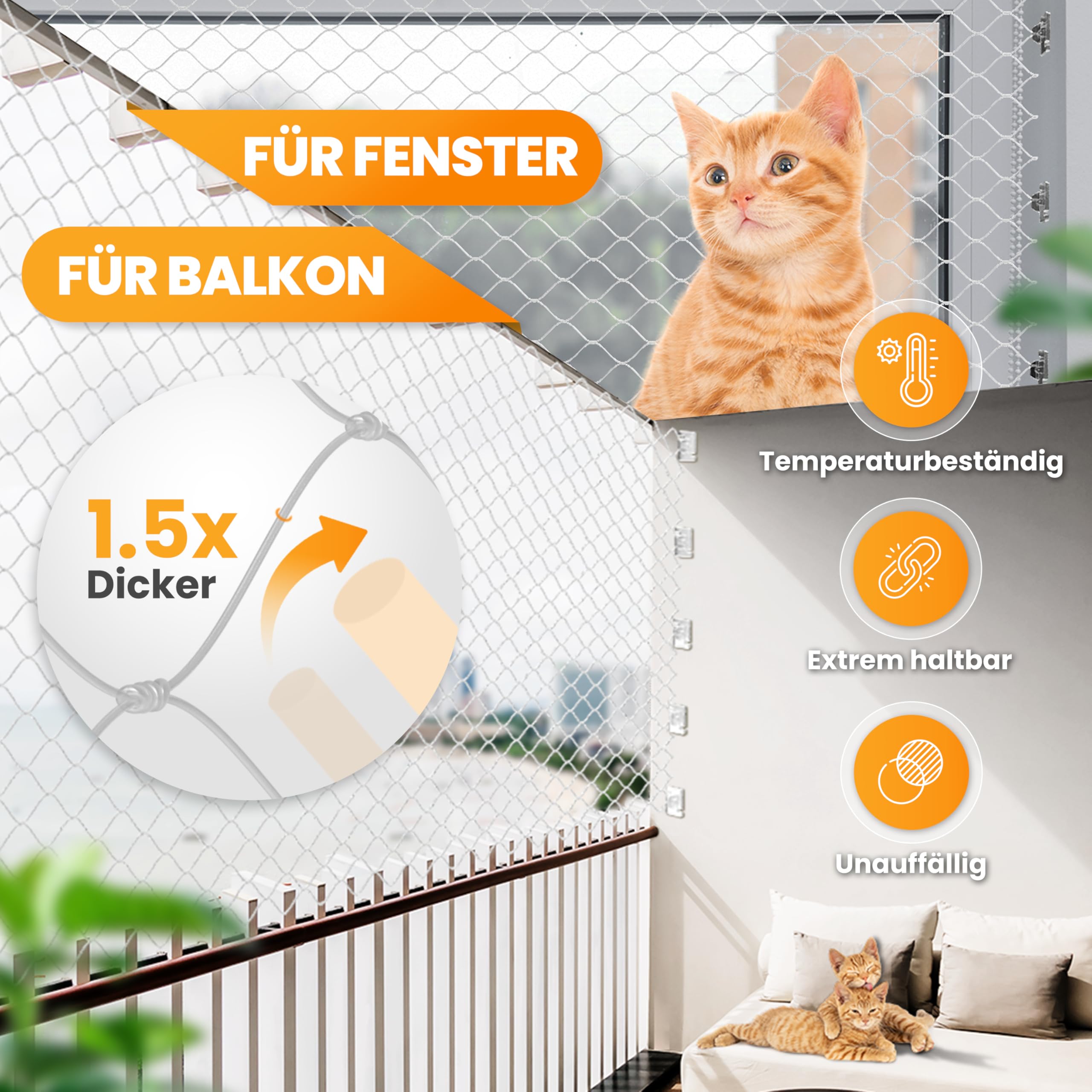 Naturiz® Katzennetz für Balkon ohne Bohren inkl. Klebehaken & Silikonkleber – Katzenschutznetz für Balkon & Fenster, Katzennetz transparent - Taubennetz, Katzenschutznetz, Katzengitter (3x4m)