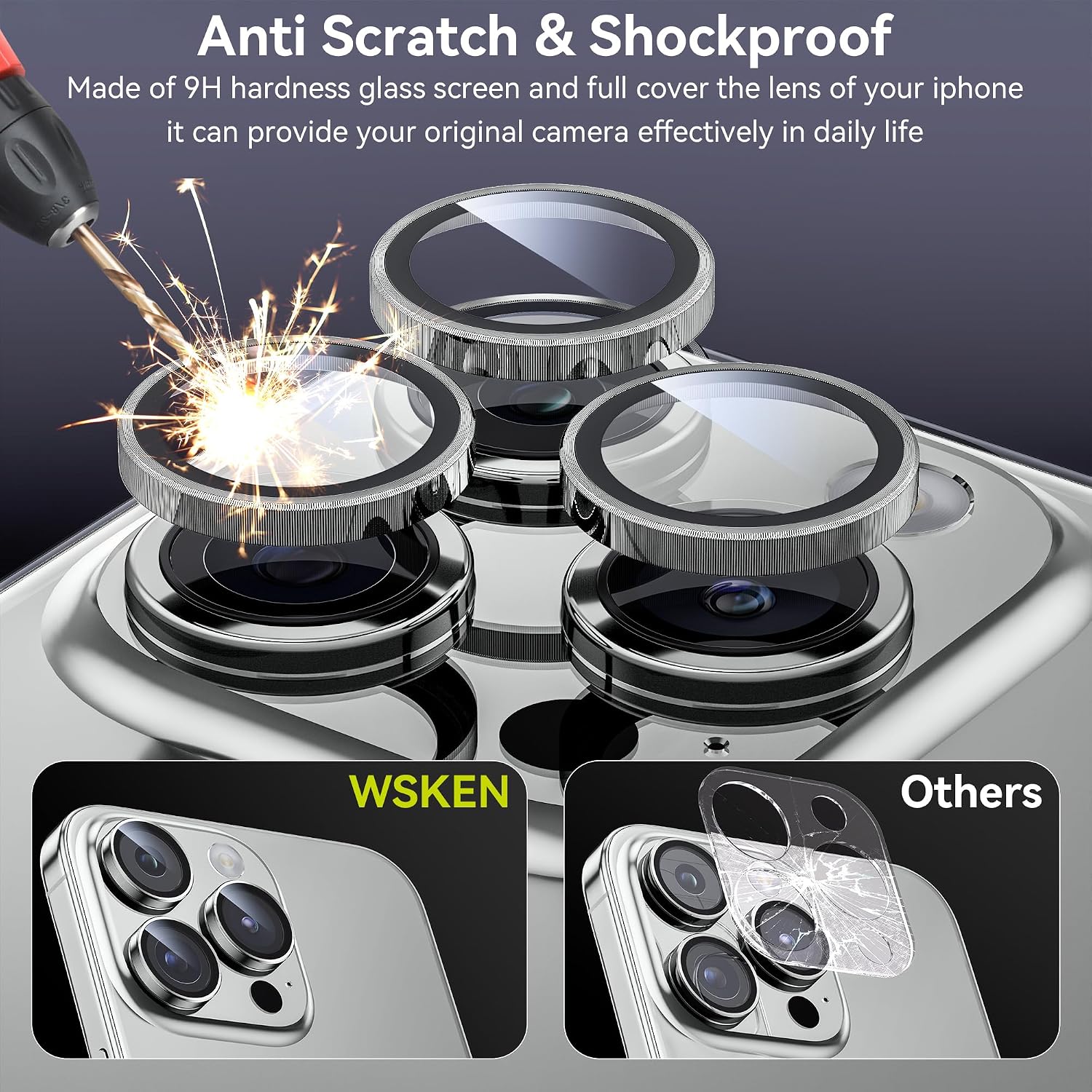 WSKEN for iPhone 15 Pro/iPhone 15 Pro Max Camera Lens Protector,[Keep Original Shooting] Shatterproof 9H Tempered Glass Camera Screen Protector Metal Ring Cover Film Accessories,Silver Titanium