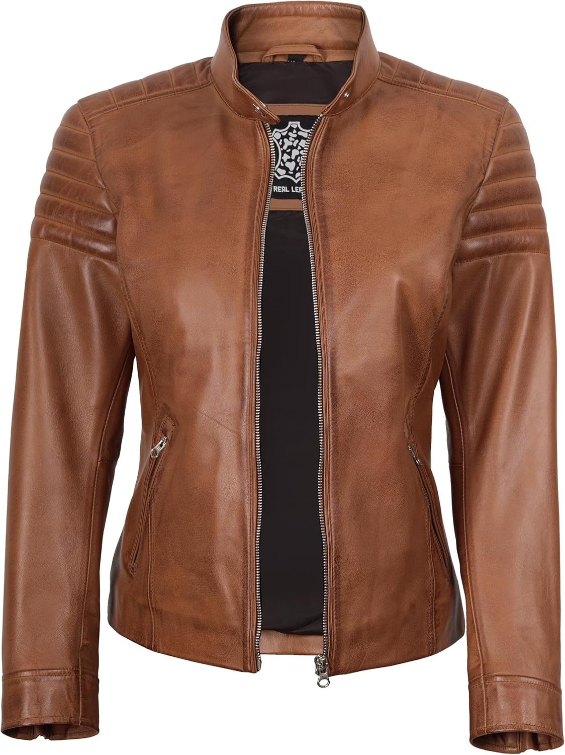 Decrum Womens Leather Jacket - Real Lambskin Cafe Racer Style Leather Jackets for Women - Image 3