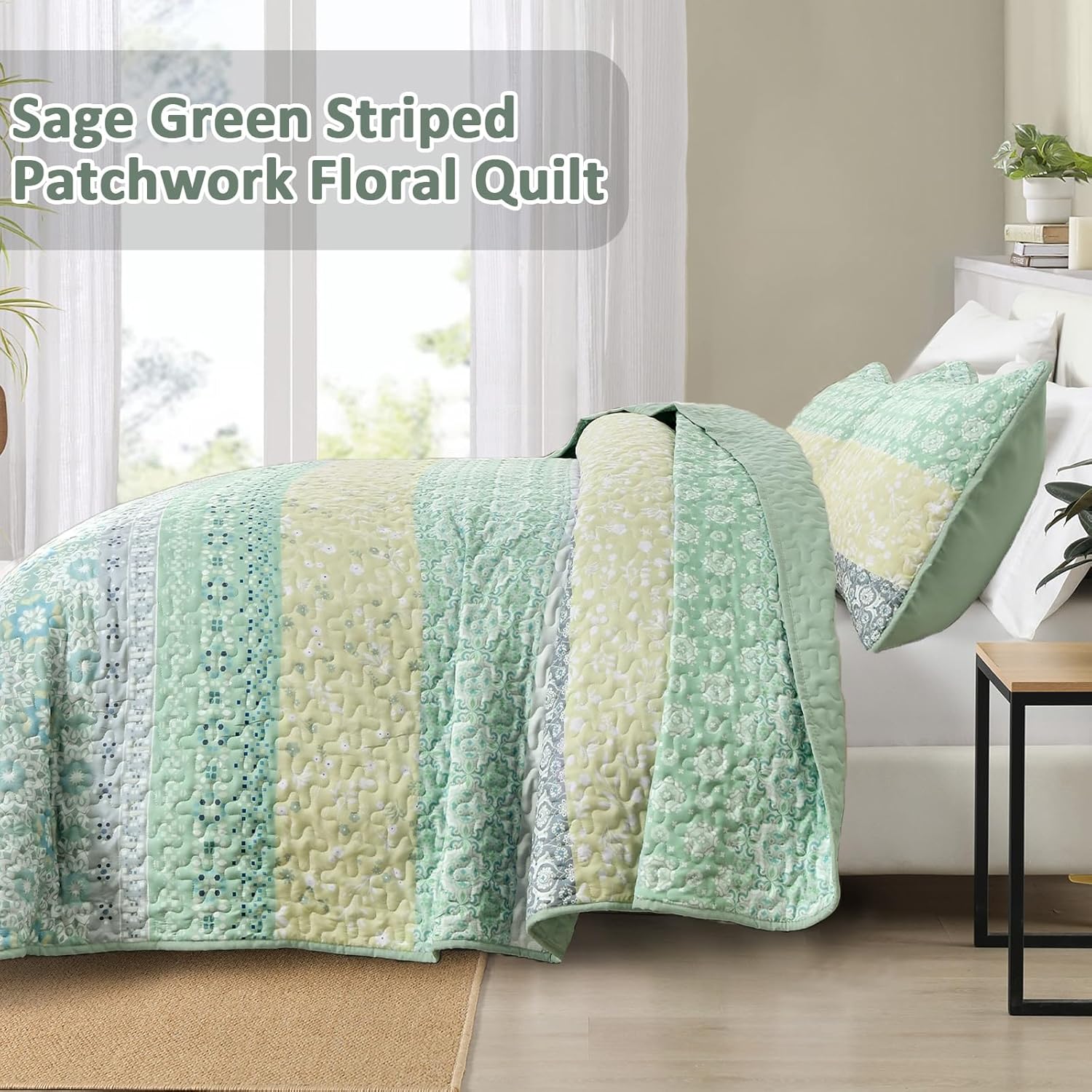 WONGS BEDDING Boho Quilt Set Queen, Sage Green Bohemian Striped Patchwork Bedspread Coverlet Set with 2 Pillowcases,Lightweight Microfiber Floral Bedding Set 96"×90" - Image 3