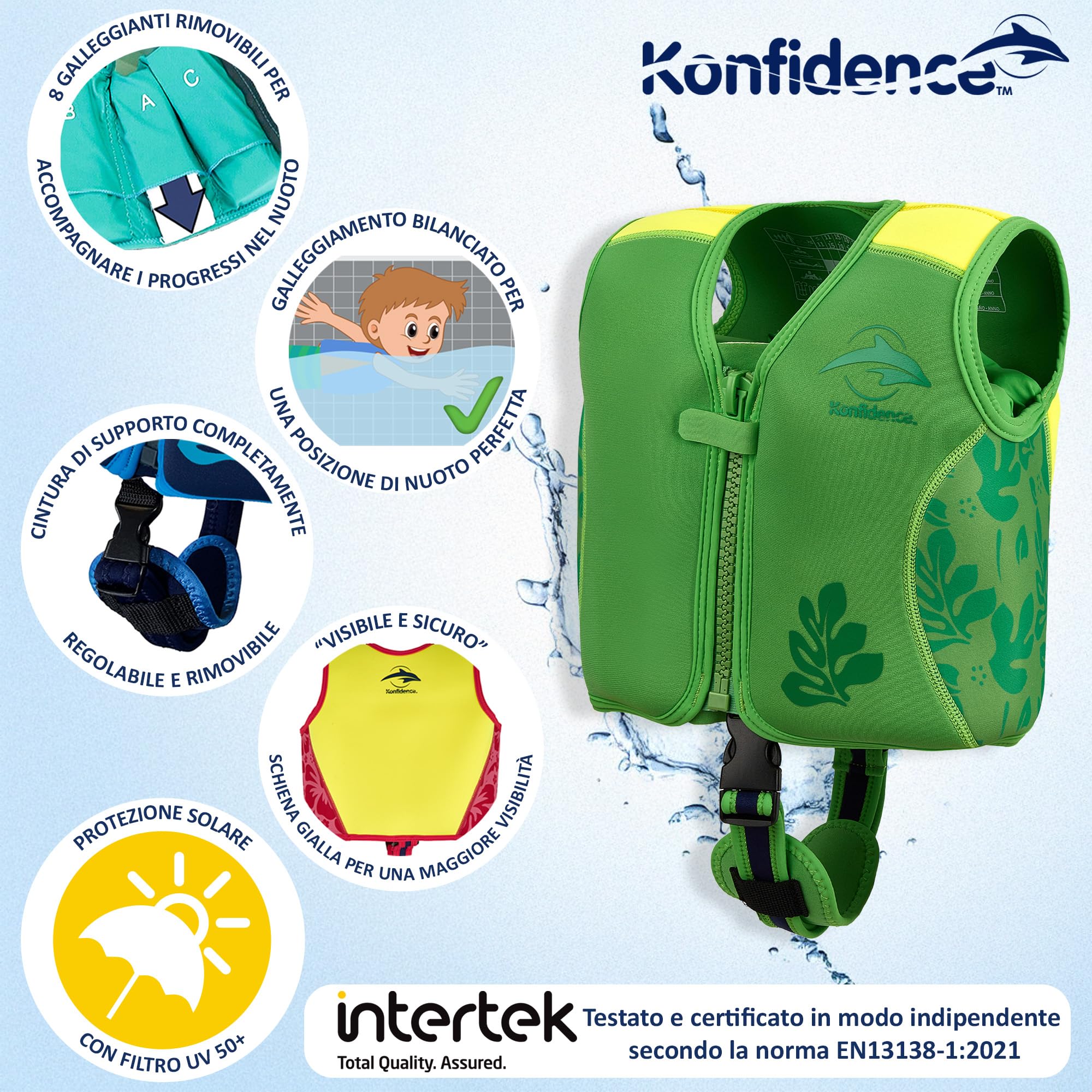 Konfidence - Gilet da bagno Premium con cinghia di sicurezza rimovibile per bambini | Galleggiabilità regolabile | Conforme CE | Approvato dalla scuola di nuoto