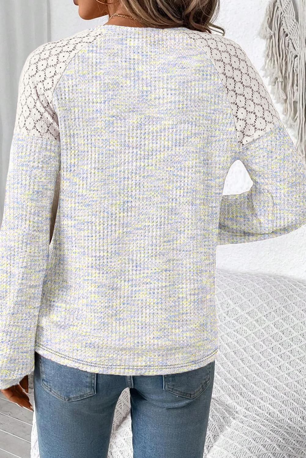 SHEWIN Fall Women Long Sleeve Tops Waffle Knit Shirts Multicolor Fabric Blouses - Image 3