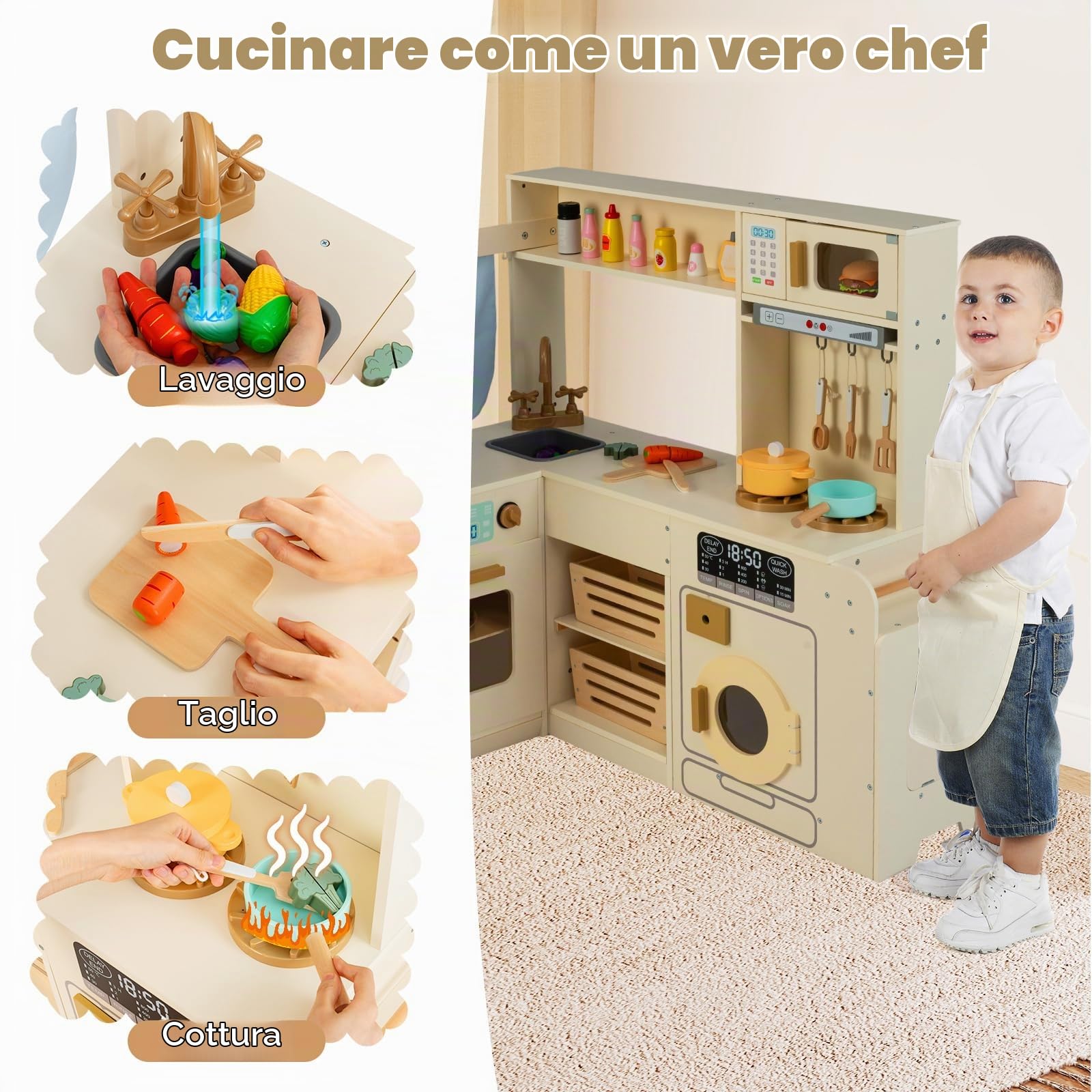 HOMASIS Cucina Angolare in Legno, Cucina Giocattolo con Luci e Suoni, inclusi 22 Accessori, Cestino della Spazzatura, Lavandino, Macchina del Gelato, Frigorifero, Lavatrice, per Bambini da 3+ Anni