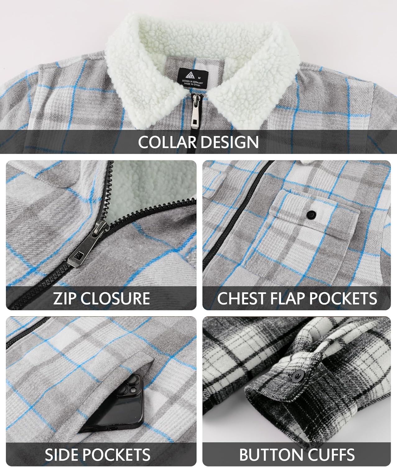 ZITY Men's Flannel Shirts Jacket Warm Sherpa Lined Fleece Plaid Winter Coat - Image 4