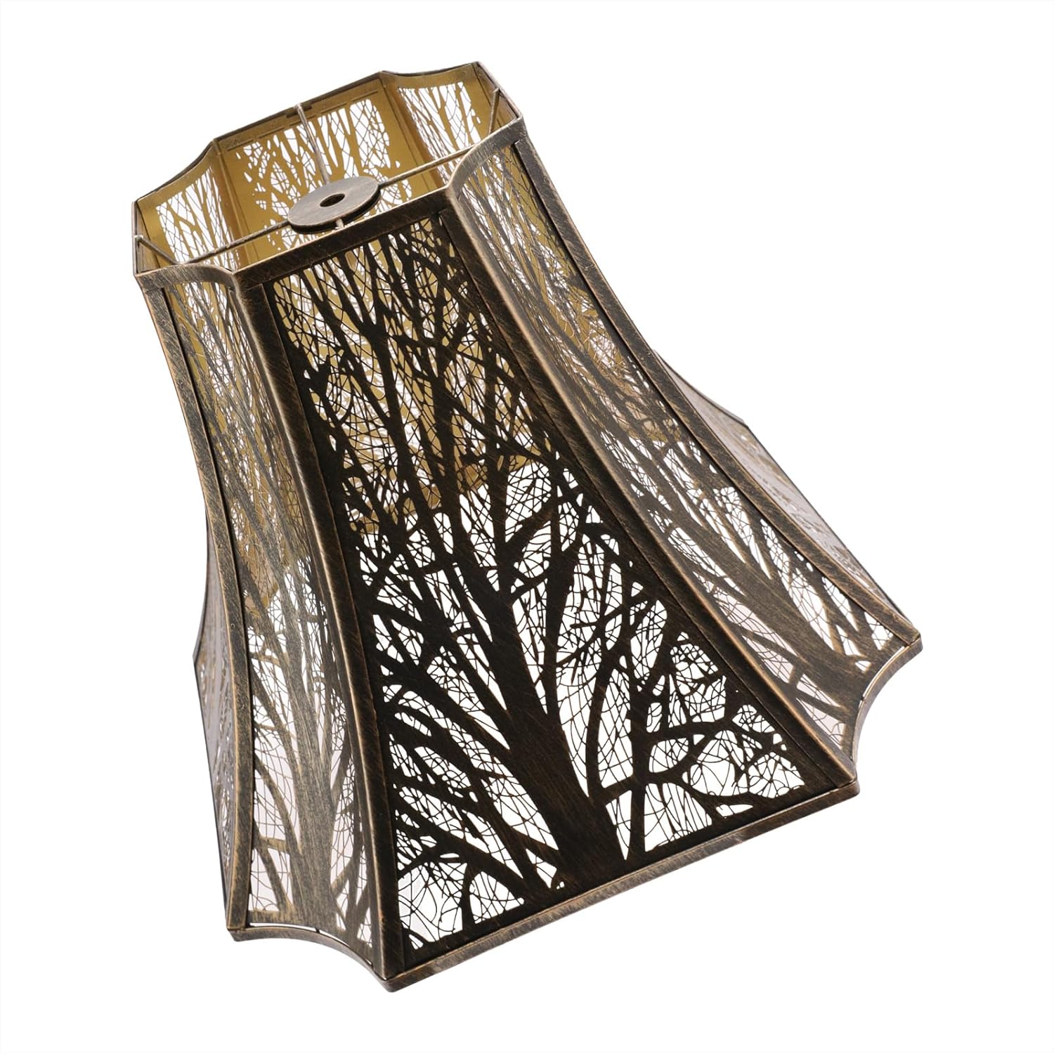 Octagonal Cut Corner Lamp Shade with Forest Tree Pattern, Etched Court Style Metal Lampshade, 6.2" Top x 13" Bottom x 10.8" High, Antique Brass and Gold, Iron Cover shade for Table Lamps, Floor Lamps