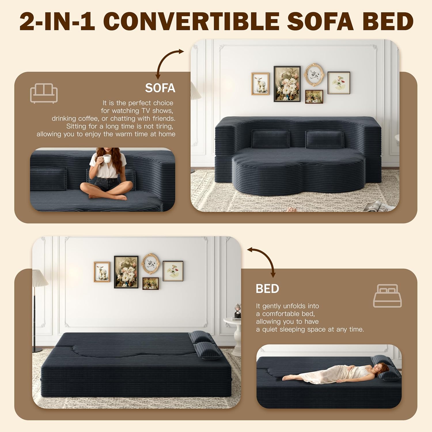 78" Full Size Floor Sofa, Folding Queen Sleeper Couch, Futon Loveseat Sofa, Plush Corduroy Foam-Filled Sleeper Couch Bed, Fold Mattress Bed for Living Room, Guest Use, Office, Apartment, Dark Grey