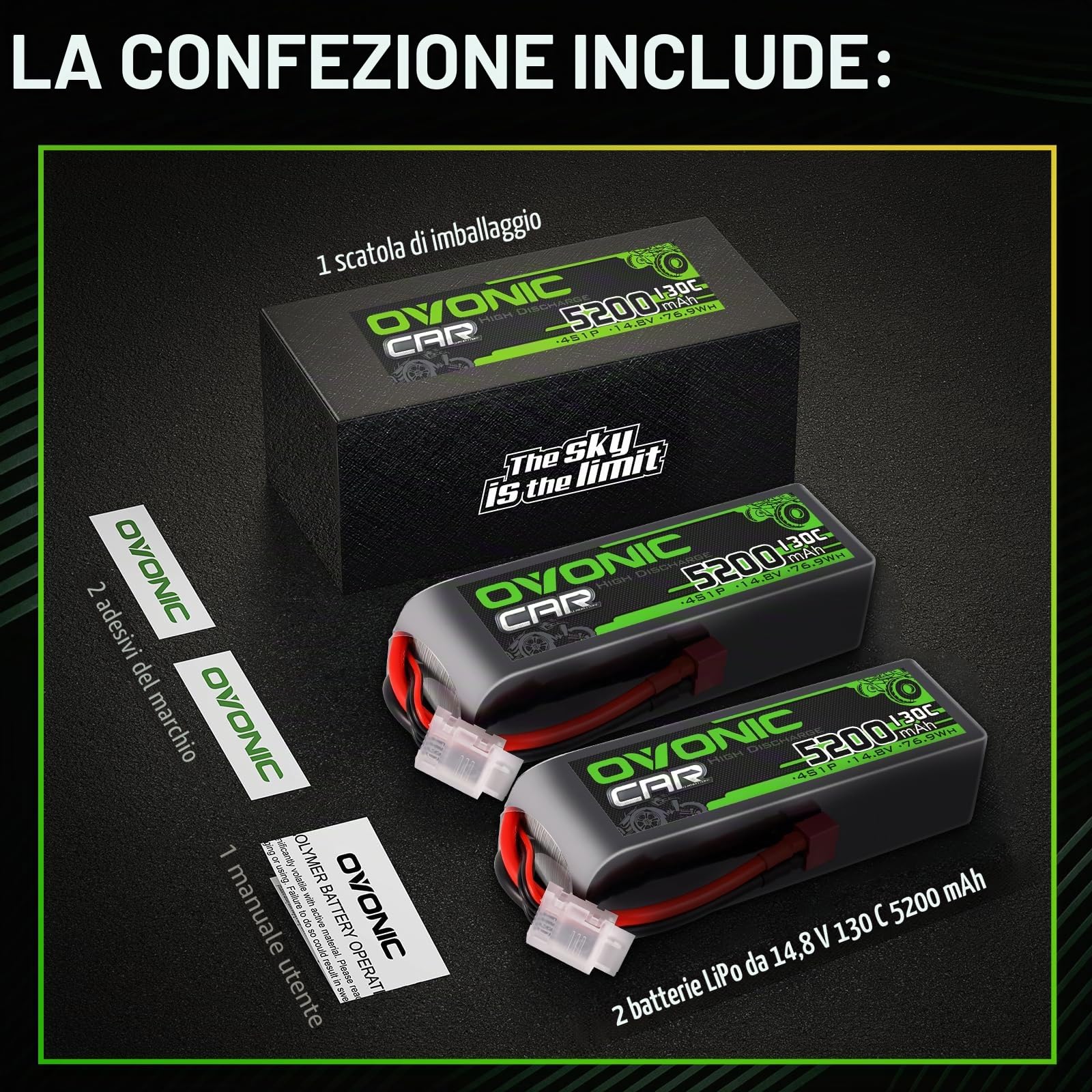 OVONIC Batteria Lipo da 4 s, 14,8 V, 5200 mAh, 130 C, con spina Deans T, batteria Lipo per auto RC, camion, Truggy, quadricottero, elicottero, camion, barca, aereo (2 pezzi)