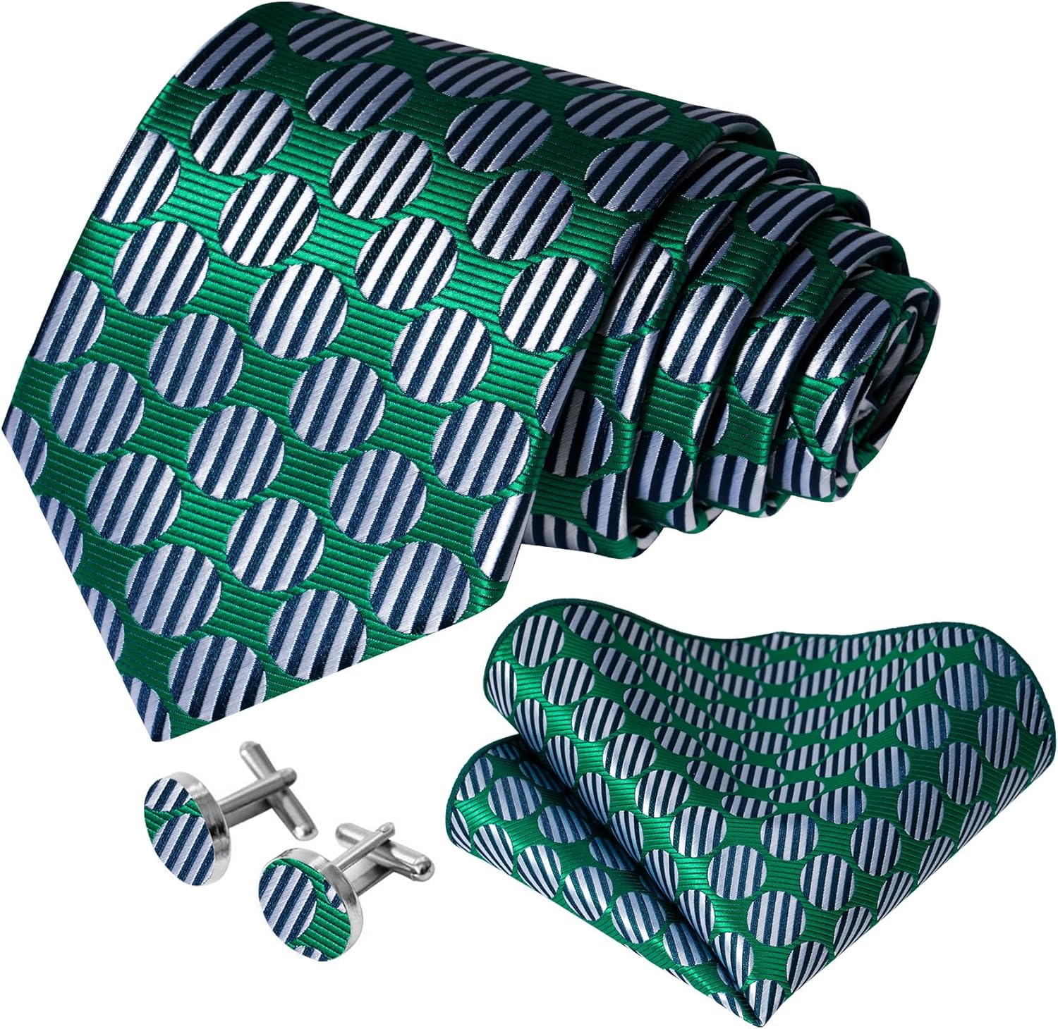 5PCS Mens Premium Silk Tie, Pocket Square, Cufflinks, Drilled Tie Ring and Lapel Pin Set for Wedding Groom Party - Image 2