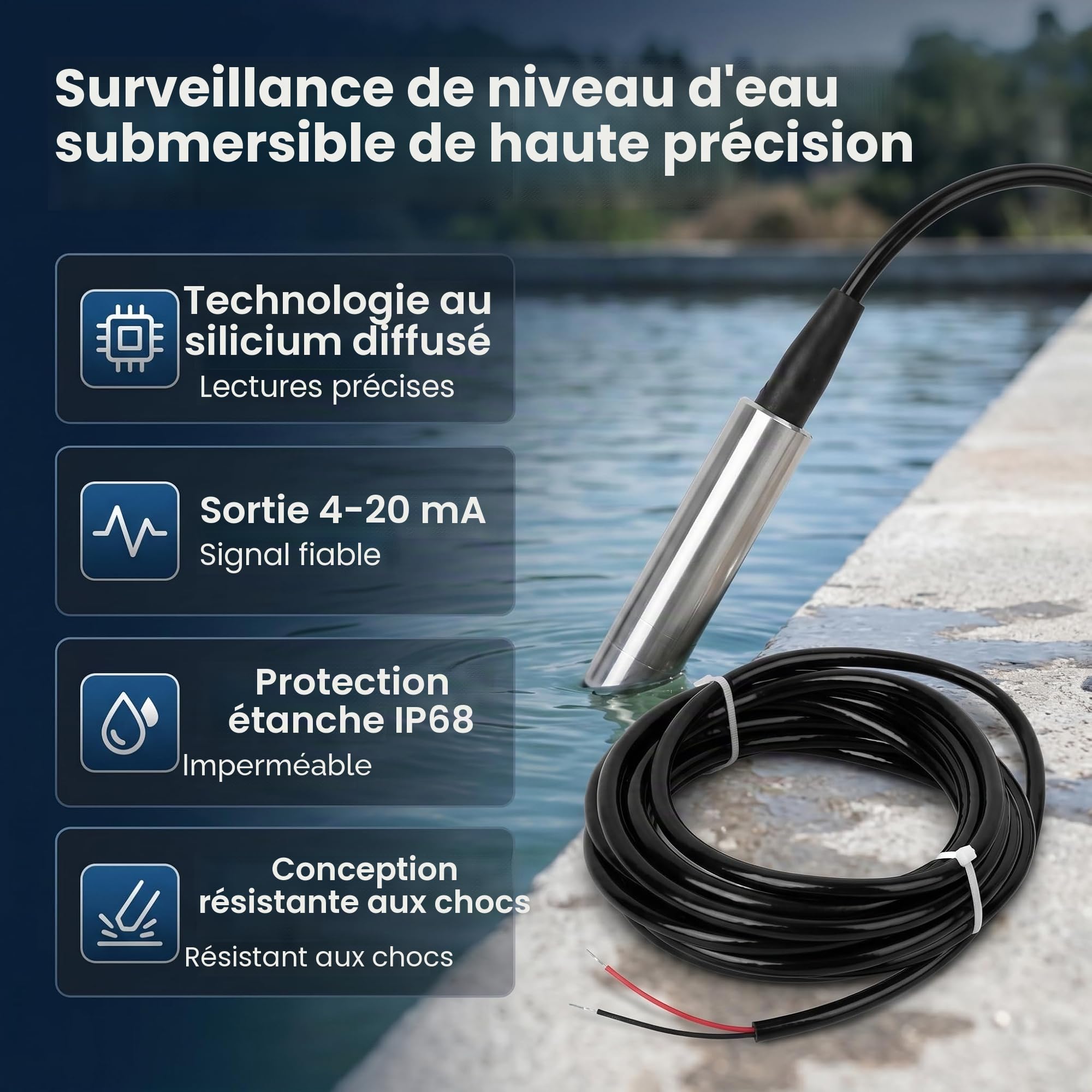 Capteur de Niveau de Liquide 0 1M 12 32V DC 4 20mA Précision 0,2% 0,5% Câble 5 M -40 70℃ for Eau et Huile