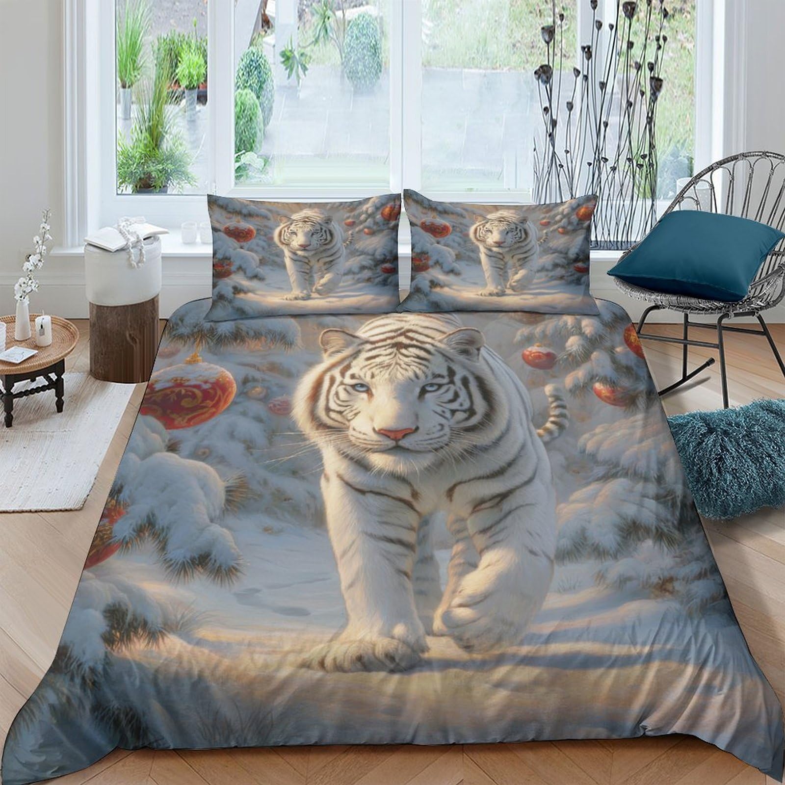 Ctjqhvkz Style-1 3D Printed White Tiger Fitted Sheet Microfiber Soft Animal Forest Bed Cover For Bedroom Guestroom Decor Easy Care Single（135X200cm）