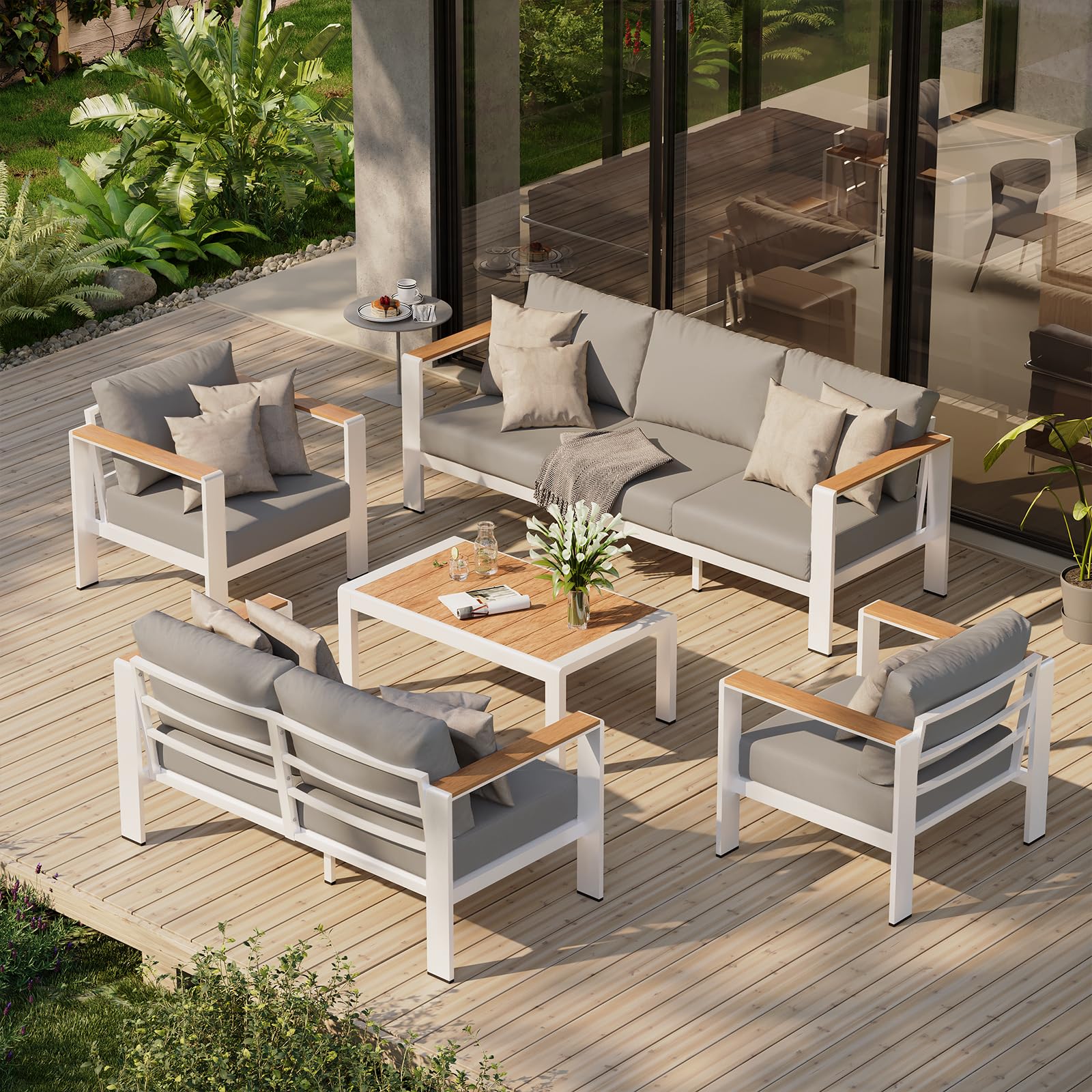 Aluminum Outdoor Patio Furniture Set with Coffee Table, 5 Piece Patio Conversation Sets with Washable Thick Cushions, Patio Sectional Furniture Set for Porch, Balcony, Deck, White
