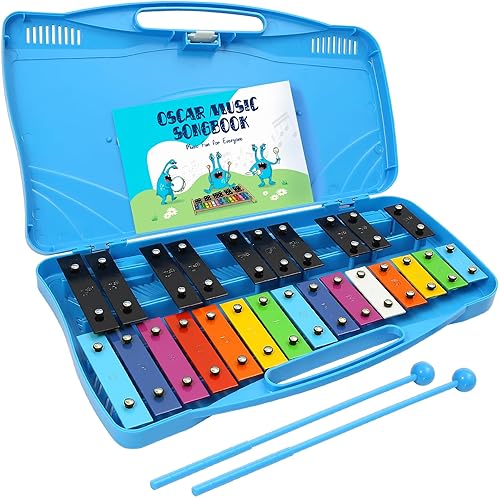 MINIARTIS Glockenspiel Xylophone | 25 Note Colorful Metal Keys Xylophone for Kids | Percussion Musical Instrument | Educational Music Toy Includes Music Songbook, Mallets and Blue Carry Case