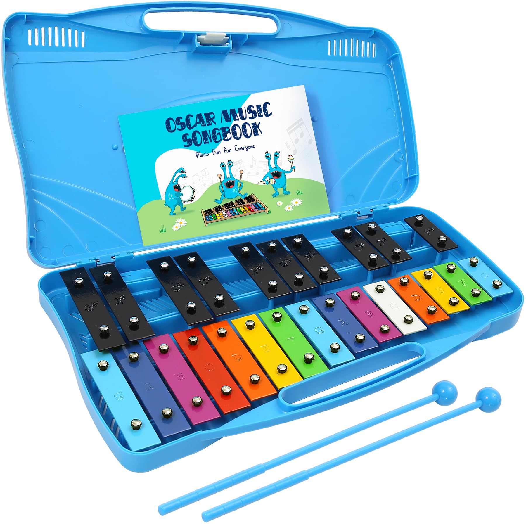MINIARTIS Glockenspiel Xylophone | 25 Note Colorful Metal Keys Xylophone for Kids | Percussion Musical Instrument | Educational Music Toy Includes Music Songbook, Mallets and Blue Carry Case