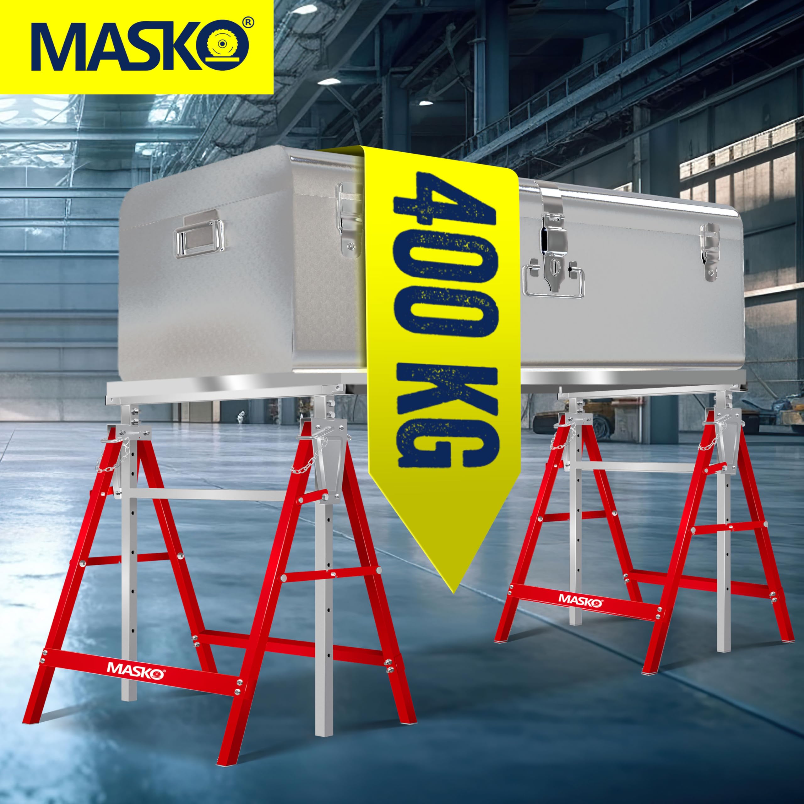 MASKO® Teleskop-Arbeitsbock Untergestell 2-er Set | Klappbock max. Belastbarkeit 200 kg | Unterstellbock höhenverstellbar Min. / max. Arbeitshöhe 800-1300 mm | Gerüstbock inkl. Handschuhe | Rot