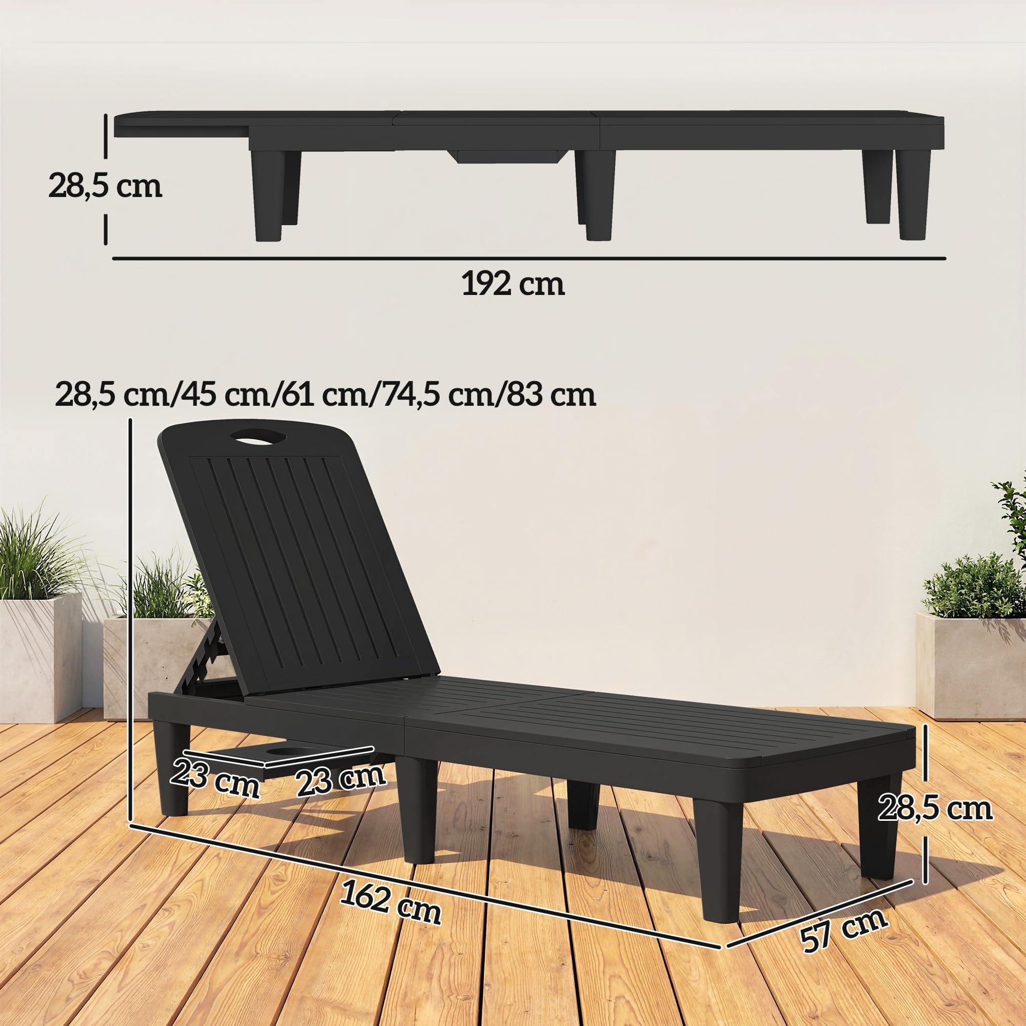 Outsunny Pack de 2 Tumbonas de Jardín Exterior Reclinables de PP, Negro | Bandeja Lateral, Respaldo Ajustable de 5 Niveles, Resistentes a la Intemperie, para Playa, Piscina