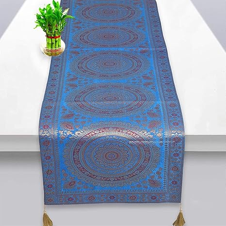 E-EZRA Table Runner Banarsi Decorative Dining Tablecloth for Rectangle Table Gold Large Living Room Decor Round Mandala 72 Inch Long Brocade Tassels Centre Table Runner (72 x 16 Inch) (Turquoise)