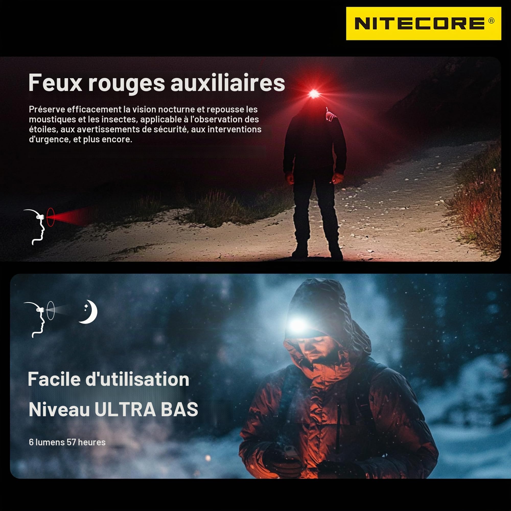 Nitecore NU27 600 Lumen Lampe frontale d'extérieur rechargeable USB-C ultra légère Plusieurs températures de couleur, Noir