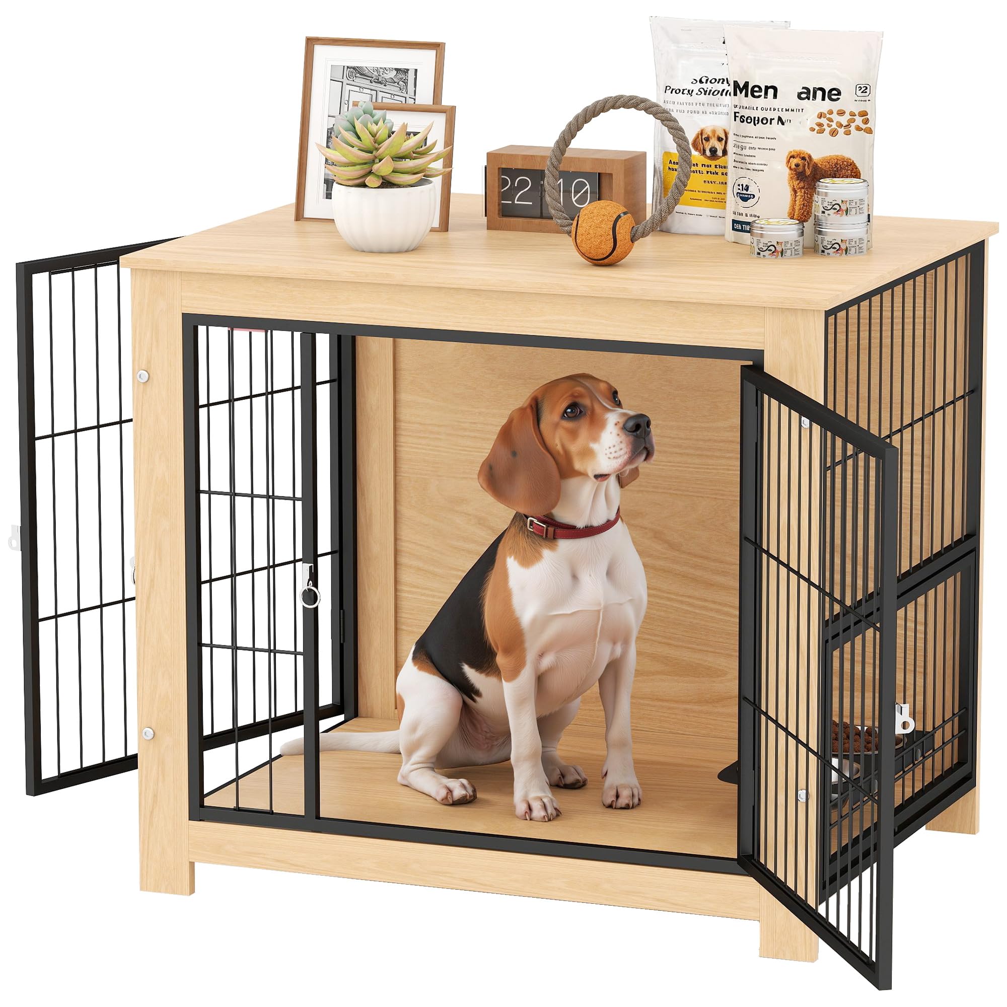 PawHut Dog Cage Side Table Modern Pet House with 2 Doors Swivel Support with 2 Bowls and Steel Structure for Medium Dogs 80 x 60 x 68 cm Oak