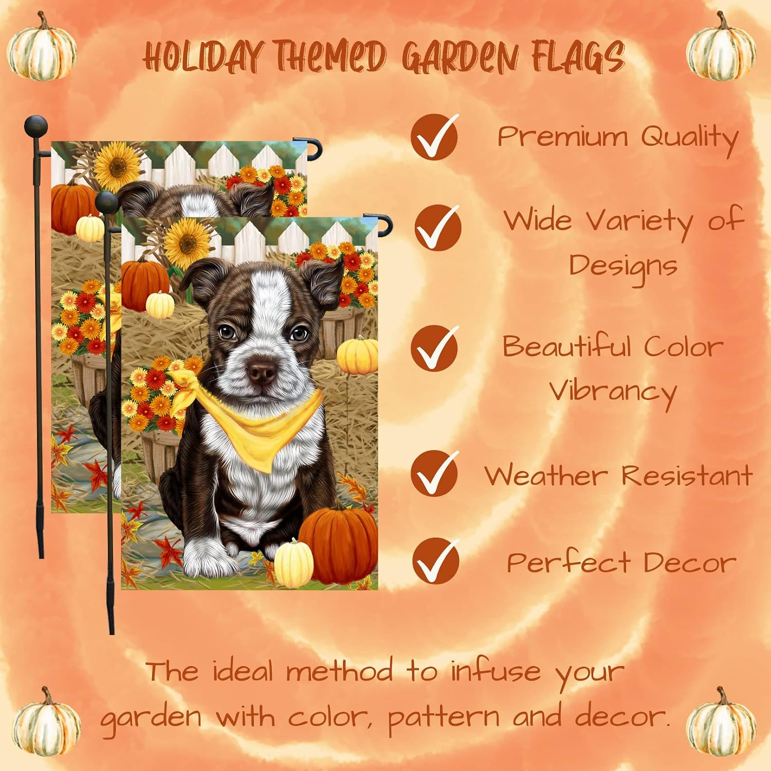 Boston Terrier Puppy Harvest Garden Flag Fall Pumpkin Leaves Double Sided Small Yard Flag Autumn Farmhouse Outdoor Decoration for Porch Lawn Patio Rustic Holiday Dog Lover Décor 12.5" x 18"