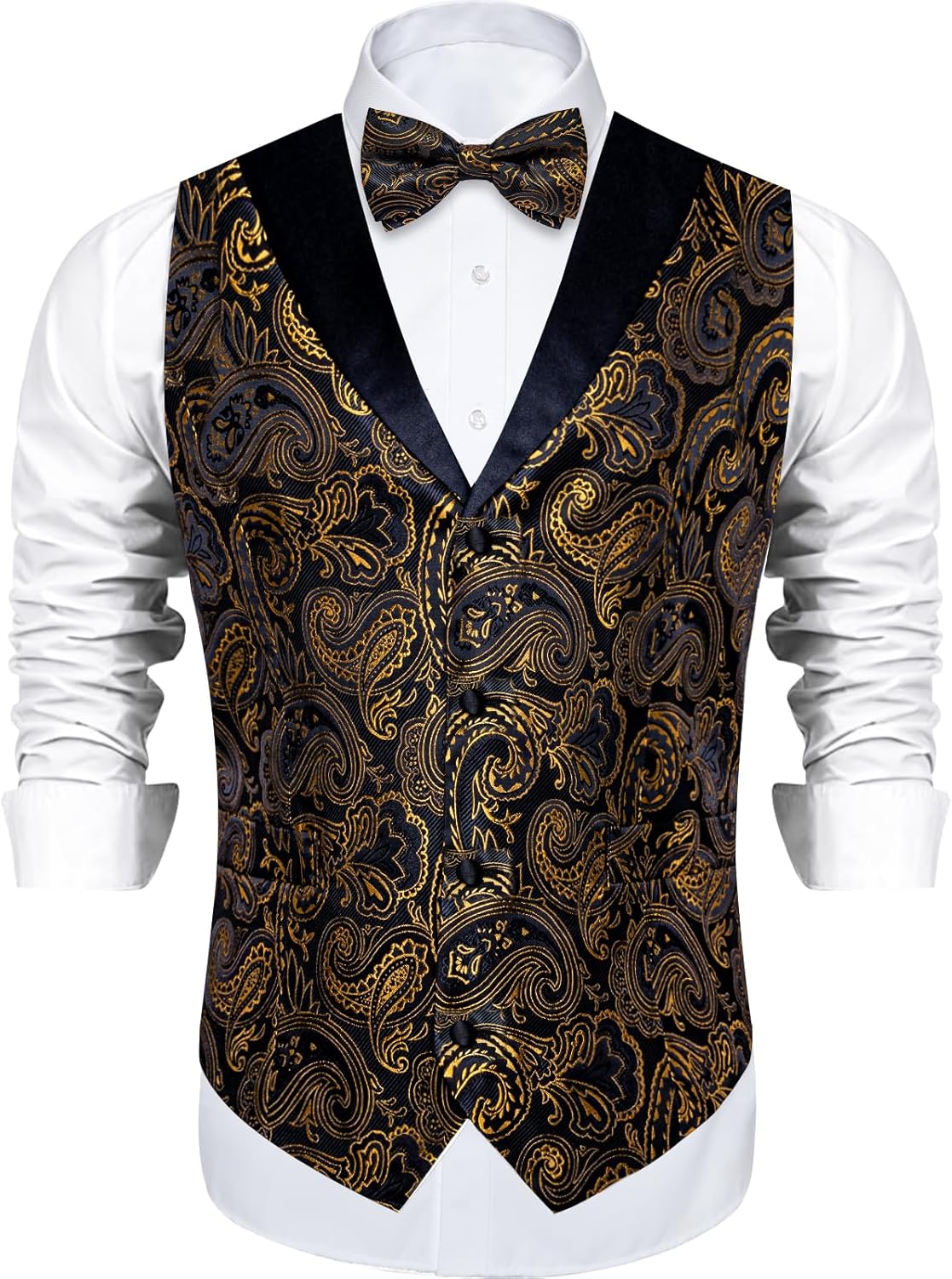 DiBanGu Mens Vest and Bowtie Set Silk Paisley Waistcoat and Bowtie Pocket Square Cufflinks with Lapel Pin for Wedding Party - Image 2