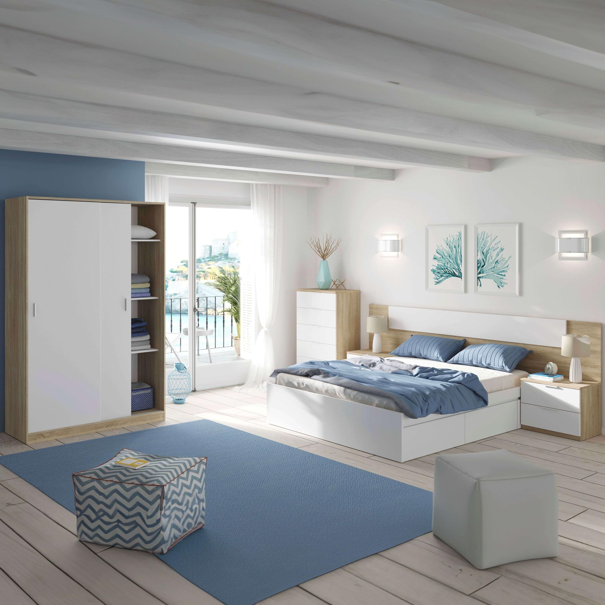 Miroytengo Pack Dormitorio Completo Alaya Color Blanco Y Roble para Camas 150 cm (Cama+cabecero+2 Mesitas+Armario+sinfonier)