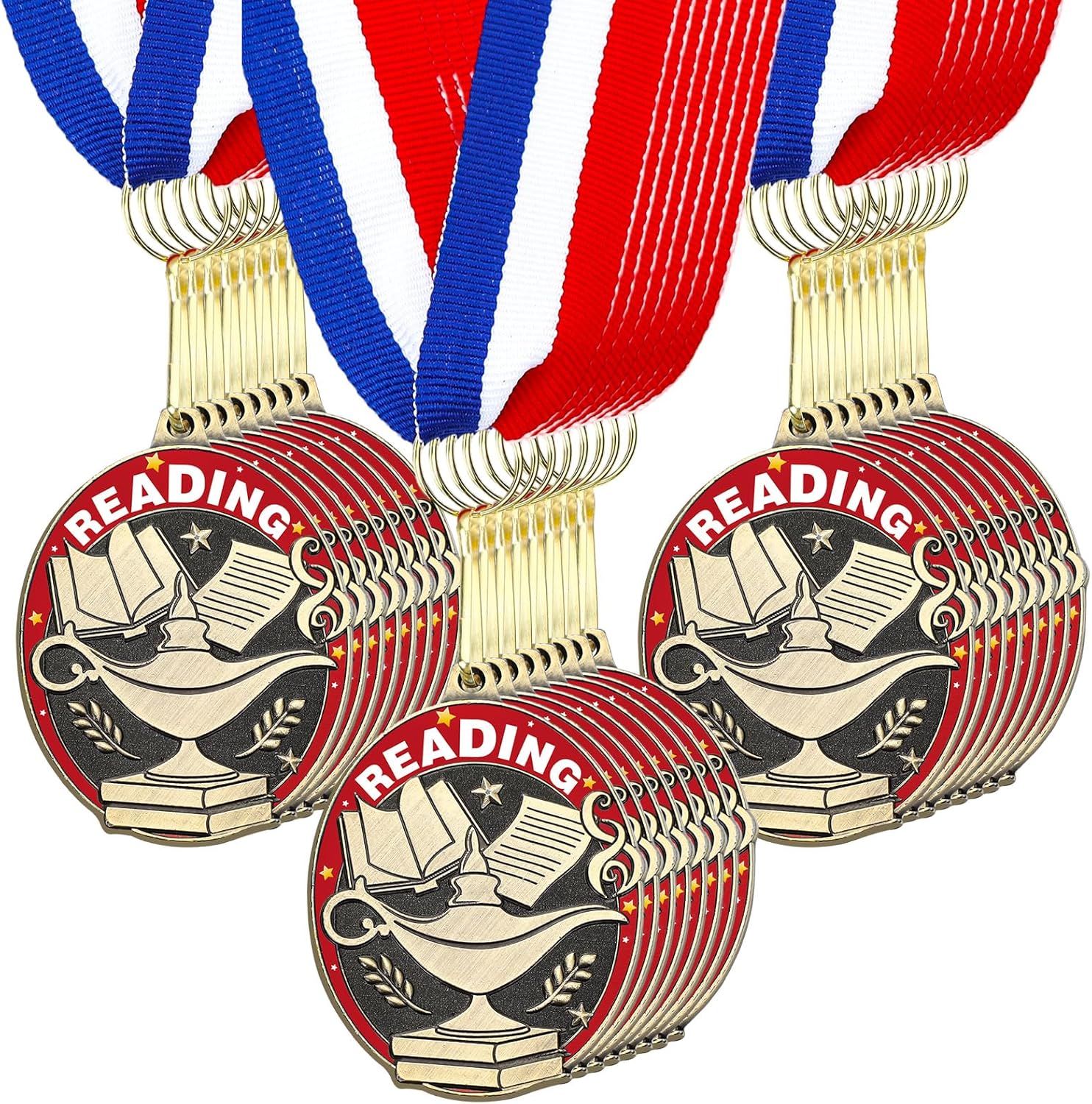 Liliaafar 36 Pcs Reading Award Medals Bulk with Neck Ribbons Gold Trophy Prize Gift for Competition Graduation Ceremony