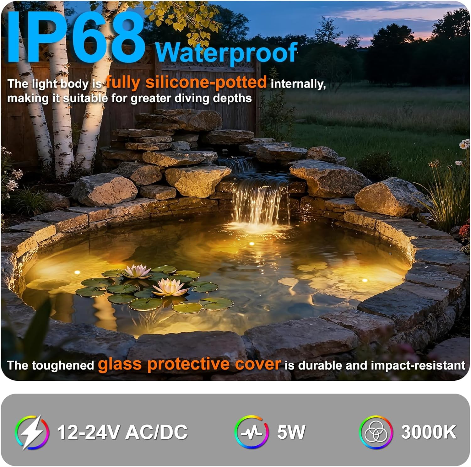 Pond Lights LED Underwater, 3000K Warm White 5W 12V-24V AC/DC Wired Submersible LED Spot Lights for Pond Fountain Waterfall Pool Aquascape, 45 Degree Angle, IP68, Stainless Steel, 6PK