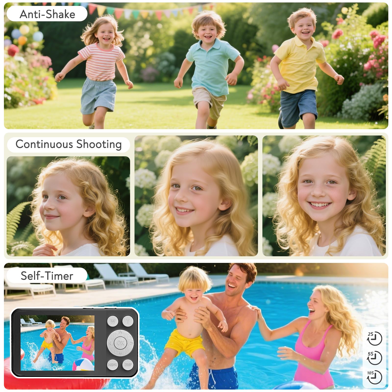 Cámara Digital 4K Cámara de Fotos HD 64MP Cámara Digital Compacta con Pantalla LCD de 2,8" Zoom Digital 18X Tarjeta SD 32GB Incluida Cámara Portátil para Niños y Principiantes(Rosa-2)