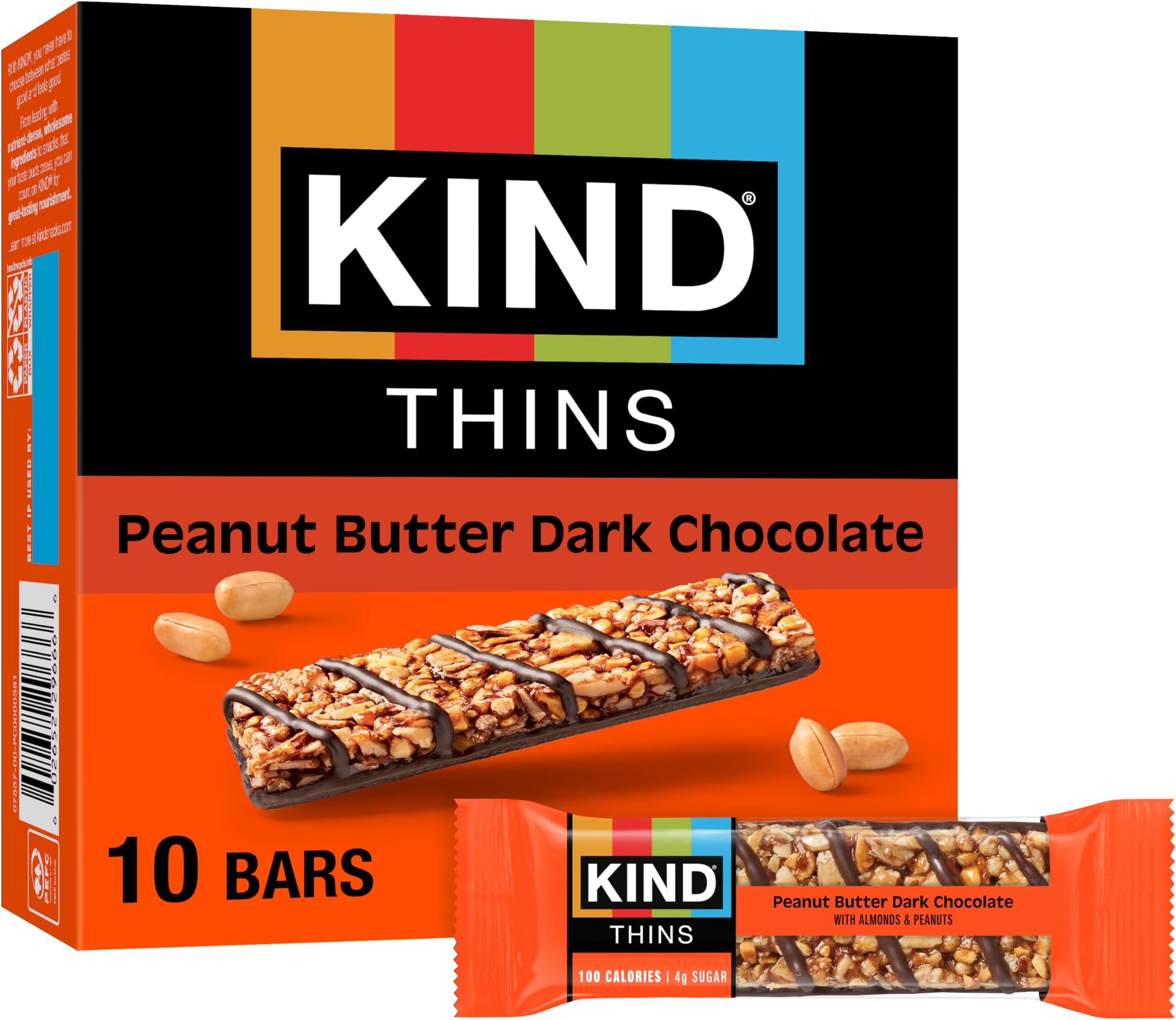 Thins Snack Bars, Peanut Butter Dark Chocolate, Gluten Free, Low Calorie, Healthy Snacks, 4g Sugar, 10 Count