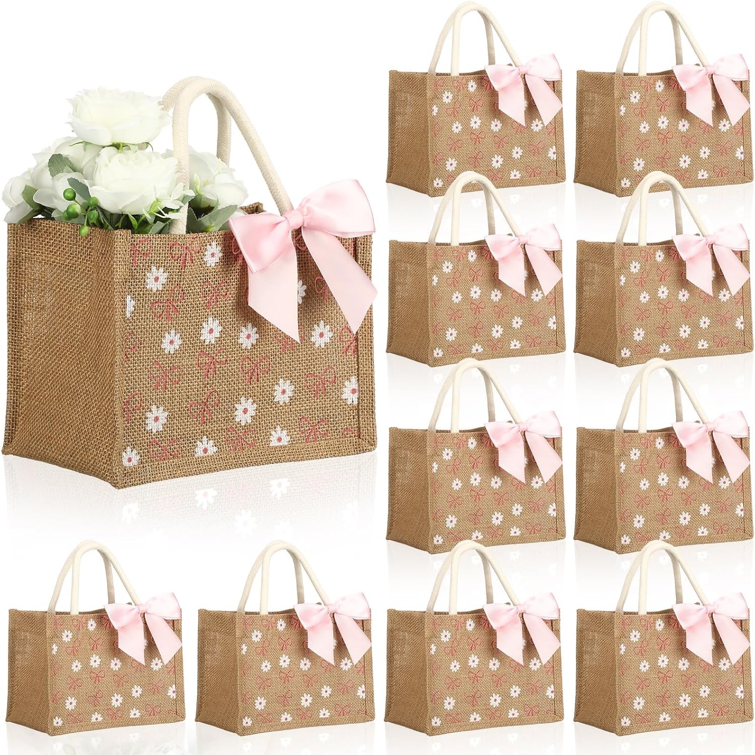 Paterr 12 Pcs Burlap Tote Bag with Handle Coquette Bowknot Daisy Flower Reusable Bag with Pink Ribbon Bow for Party(9x6.3x5.1 Inch,Natural)
