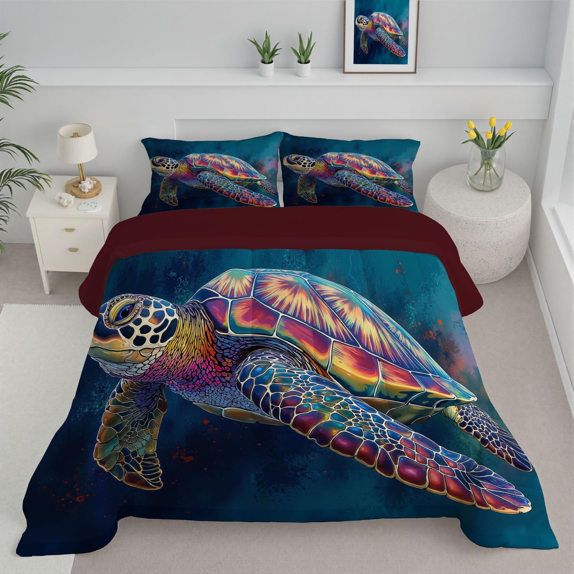 Trapunta Letto Singolo 4 Stagioni Piumone per Bambini, Tartaruga Marina Astratta Leggero Acquerello Vita Marina Set di Biancheria da Letto 140x200cm con 1 Federe,Piumino Lavabile In Lavatrice