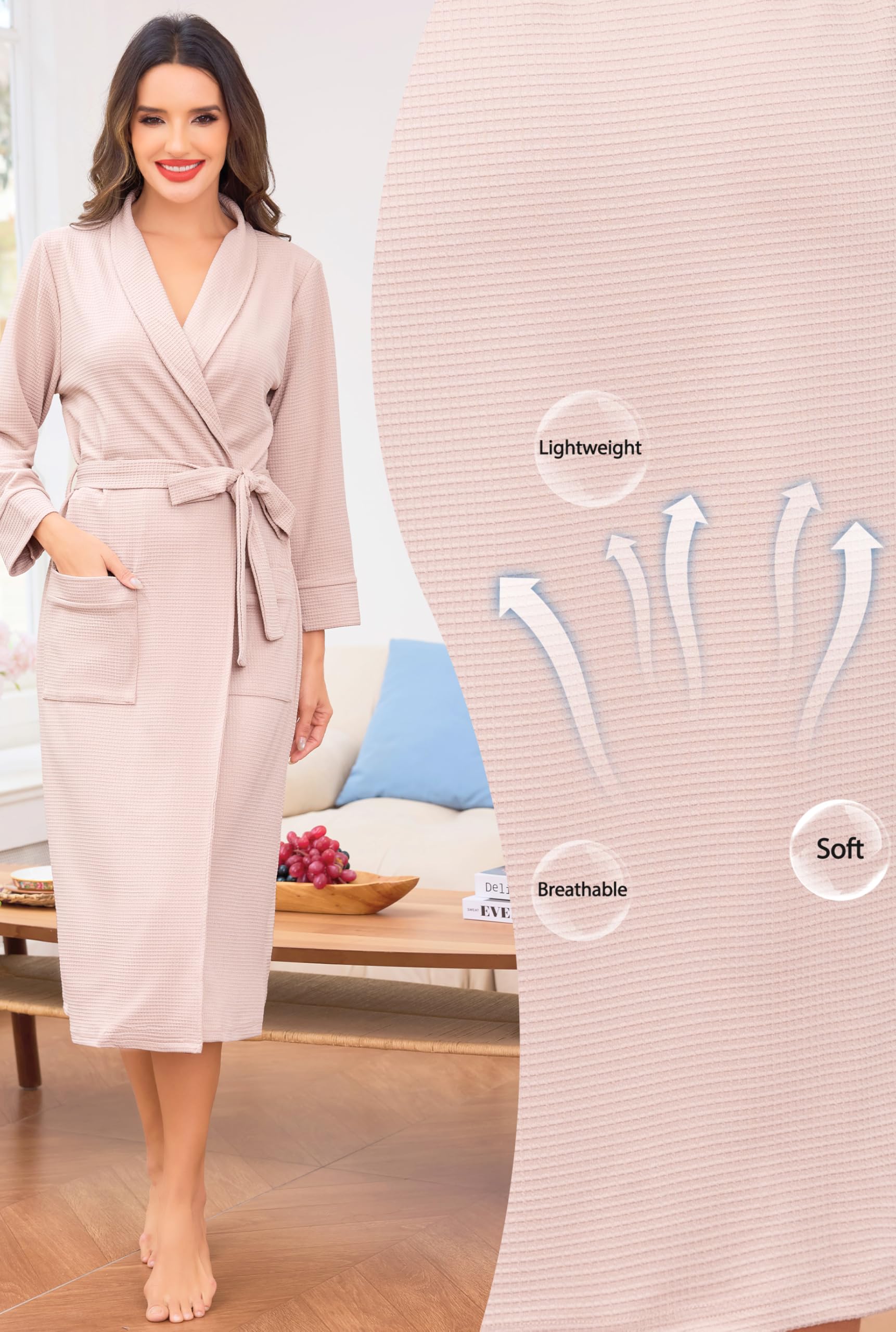 Vlazom Peignoir Femme en Coton Waffle Robe de Chambre Long à Col Revers avec Poches et Ceinture S-3XL