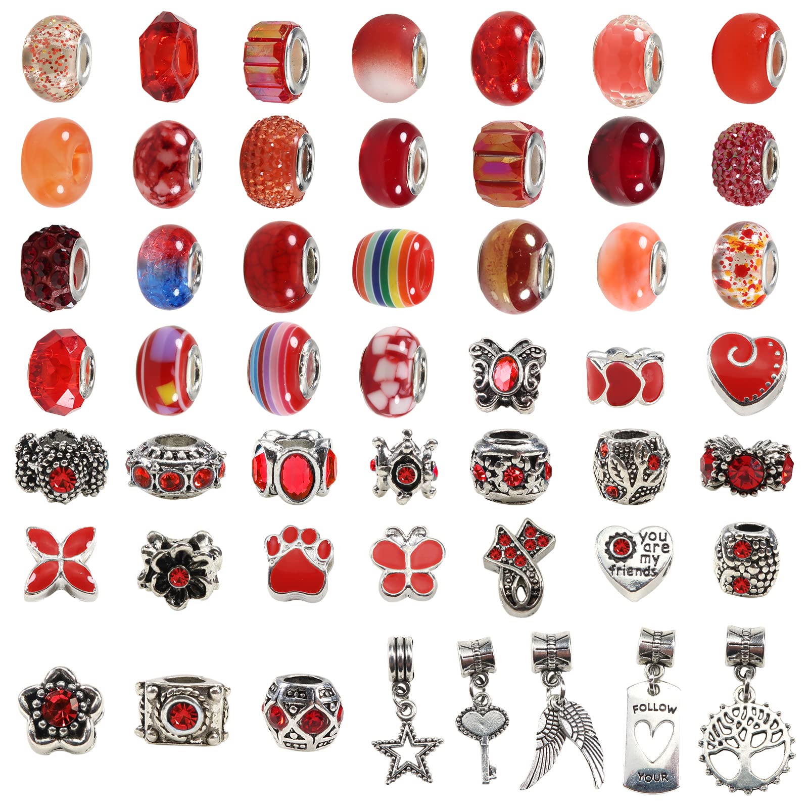 TOAOB 100pcs Assorted European Large Holes Beads Red Spacer Lampwork Glass Craft Assortments Rhinestone Metal Beads for DIY Charming Bracelet Necklace Jewelry Making
