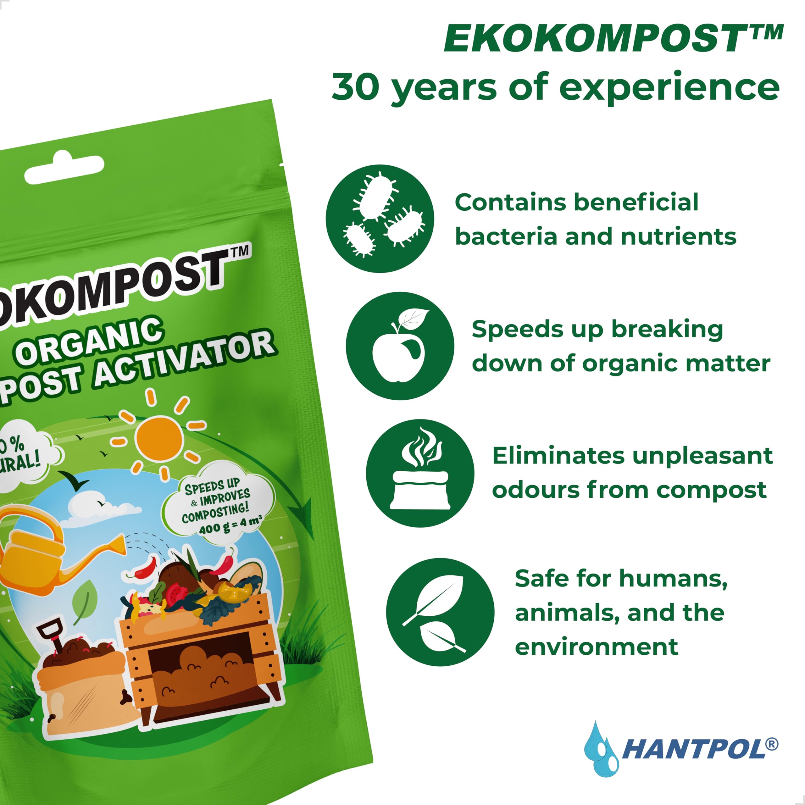 EKOKOMPOST przyspieszacz kompostowania - Naturalny mikrobiologiczny środek wspomagający kompostowanie -Pożyteczne bakterie i grzyby - 2x 400g na 8000 litrów/8m3 kompostu